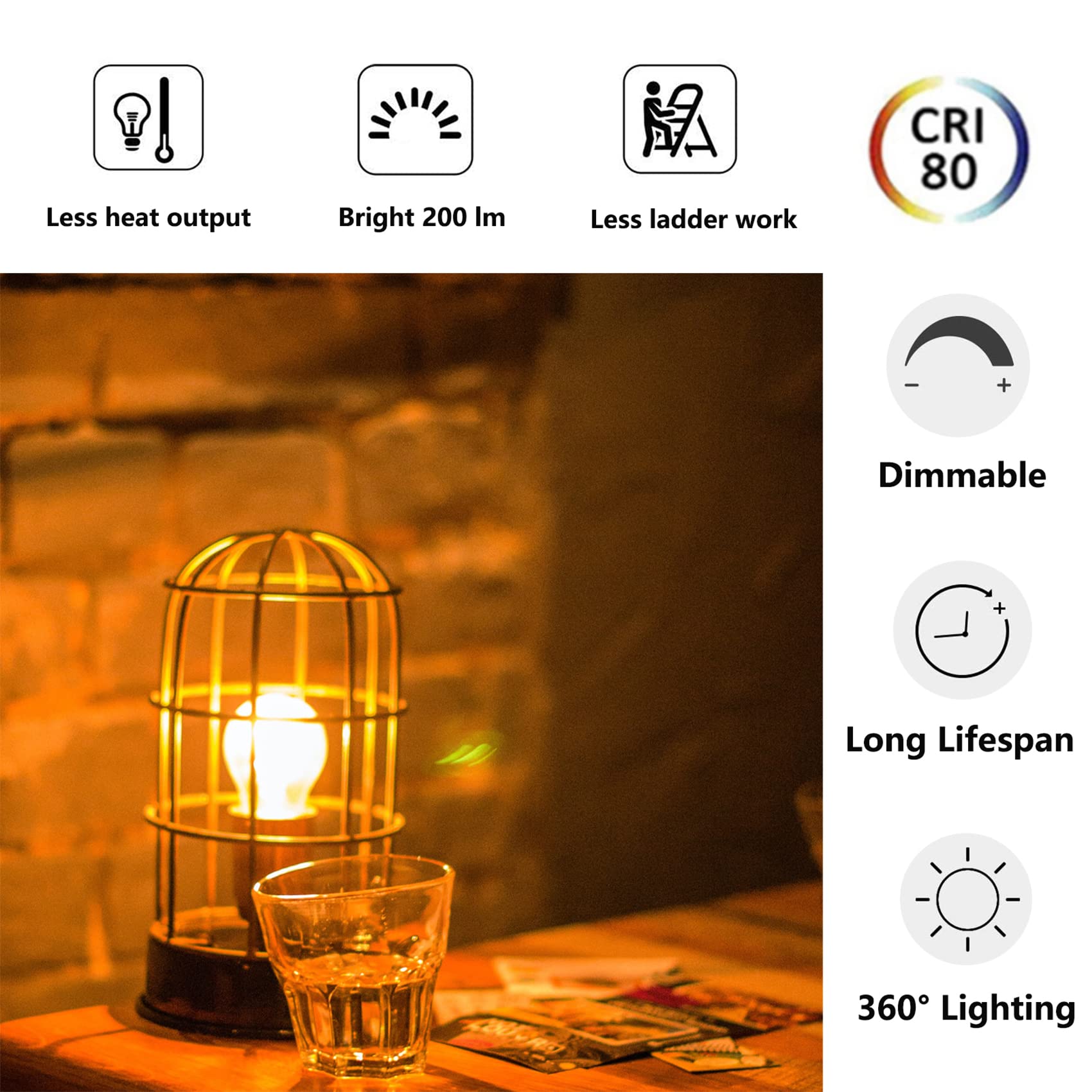 Beonllay Dimmable 2W Led Globe Bulb 25Watt Equivalent E26 Light Bulb Warm White 2500K Led Edison Bulb, Vintage Filament Edison D