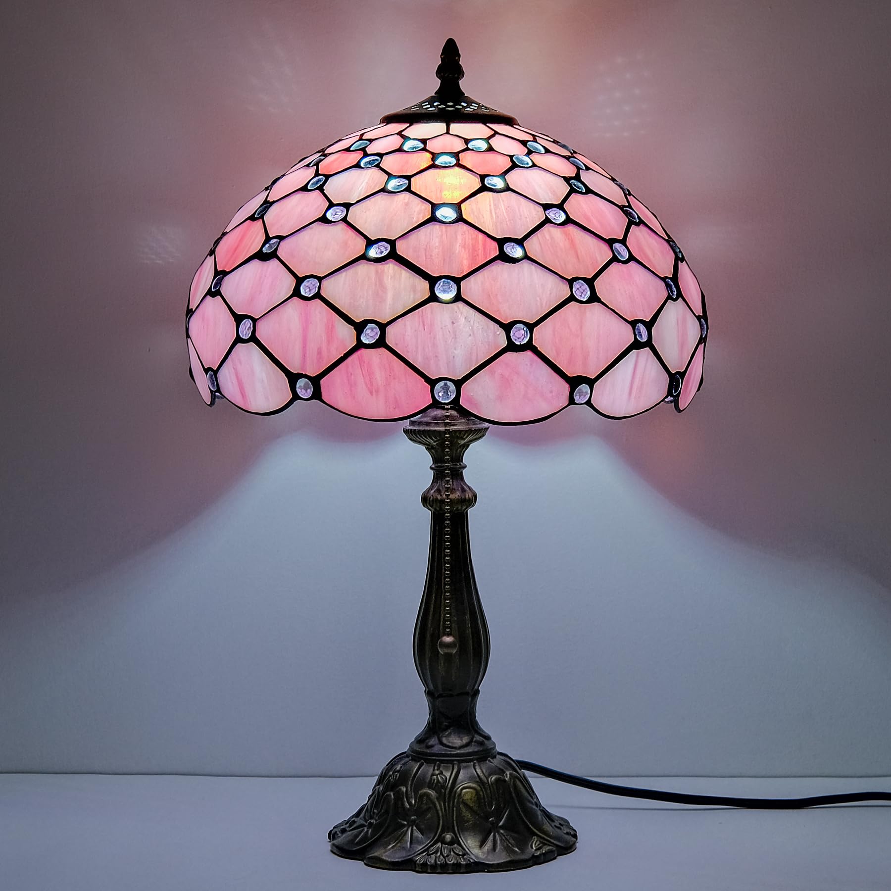 GILGGAK Tiffany Lamp Vintage Pink Stained Glass Bead Table Lamp Desk Bedside Reading Light Decor Bedroom Living Room Home Office