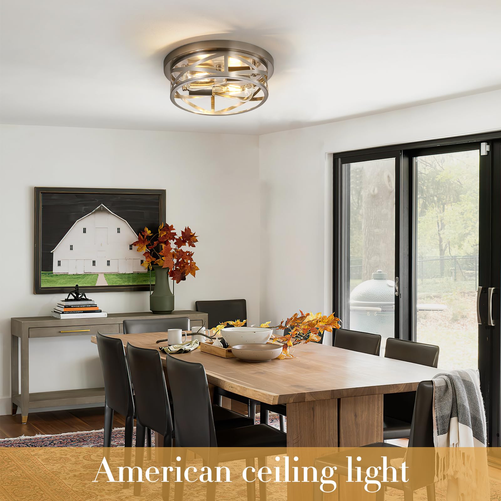 Close To Ceiling Light Fixtures, 2-Light Brushed Nickle Flush Mount Ceiling Light, 11 Inch Metal Cage Cross Modern Indoor House