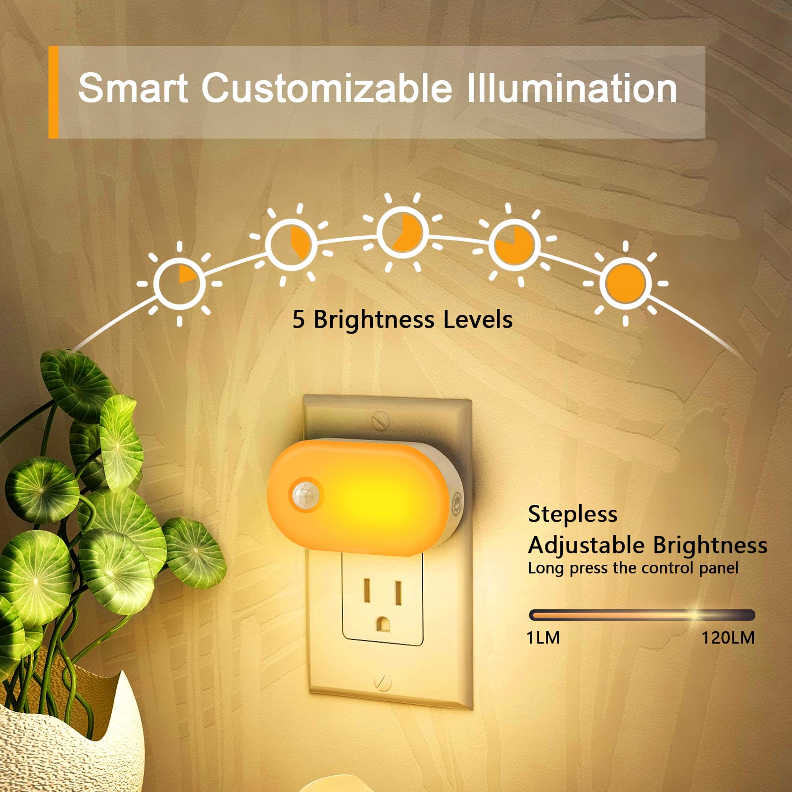 Lyridz Amber Night Light 2 Pack - Motion Sensor Mini LED Plug-in Wall Light, 1800K Adjustable Brightness for Bedroom, Kitchen, Kids' Room