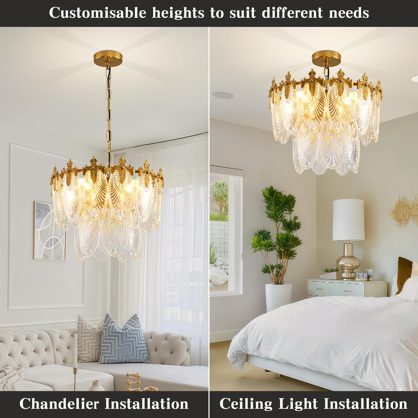 KELUOLY Antique 2-Layer Crystal Glass Chandelier, 4-Lights Round Pendant, 17.7" Brushed Brass Gold, Adjustable Height, Ideal for Home Decor