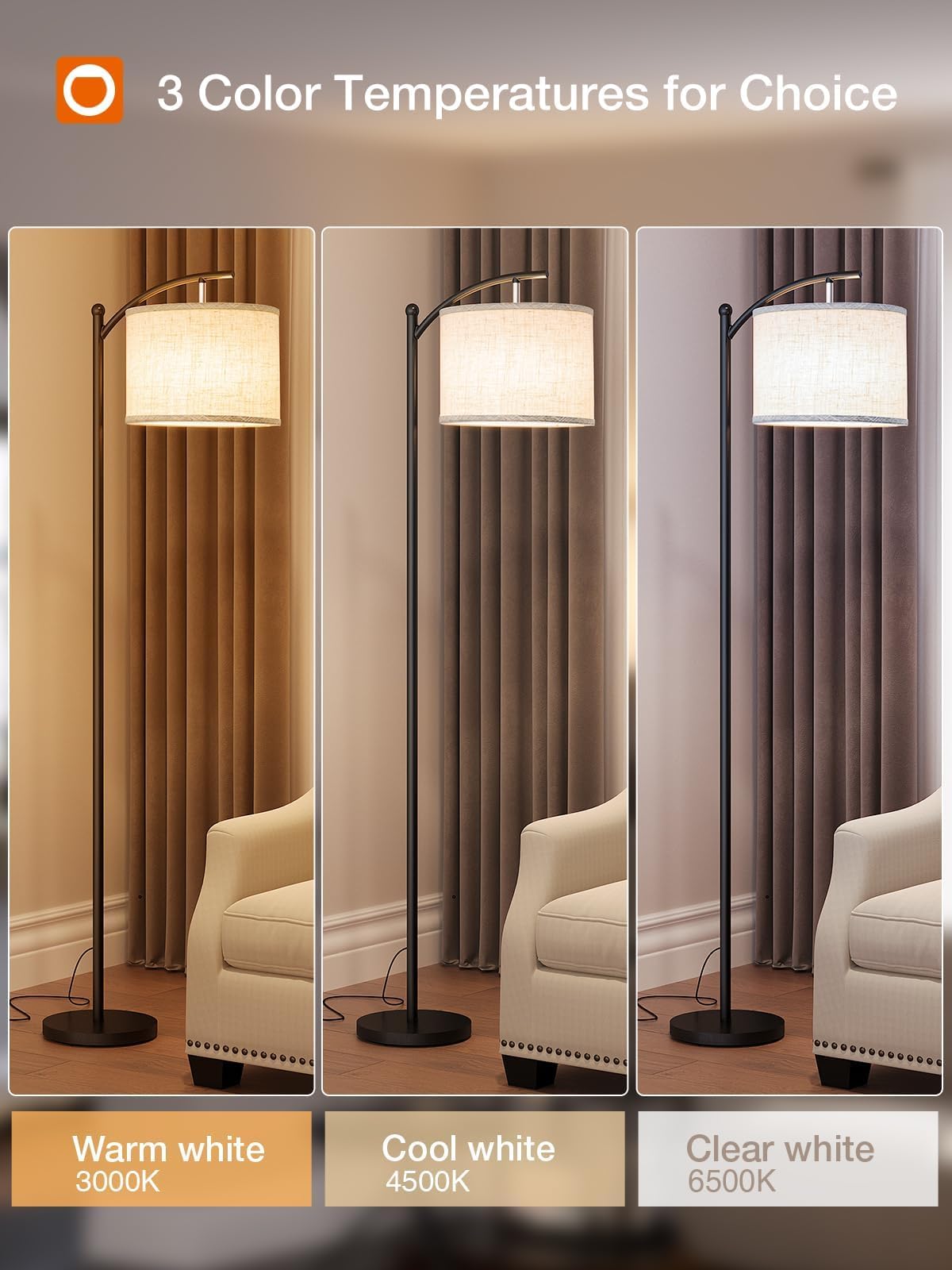 addlon Floor Lamp - 64" Linen Shade, 3 Color Temperatures, Black & Beige, Model gjynf-832, Includes 9W LED Bulb