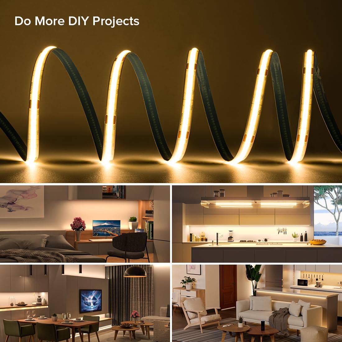 FCOB 16.4FT COB LED Strip, Warm White 3000K, DC12V, 480 LEDs/m, Flexible High Density Light for DIY Home Decor