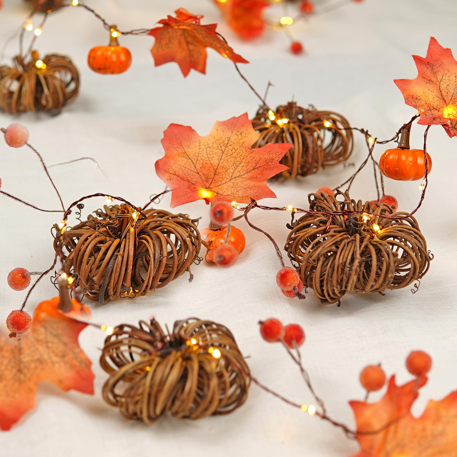 BOHON Rattan Pumpkin String Lights 6.6ft 60 LEDs Battery Operated Fairy Lights for Thanksgiving Autumn Decorations - Orange