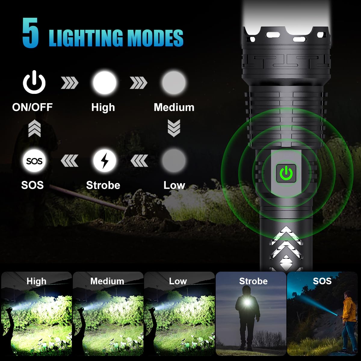 Alifa Rechargeable LED Tactical Flashlight, 990000 Lumens, 5 Modes, IPX67 Waterproof, Large-Black, Model LKP70