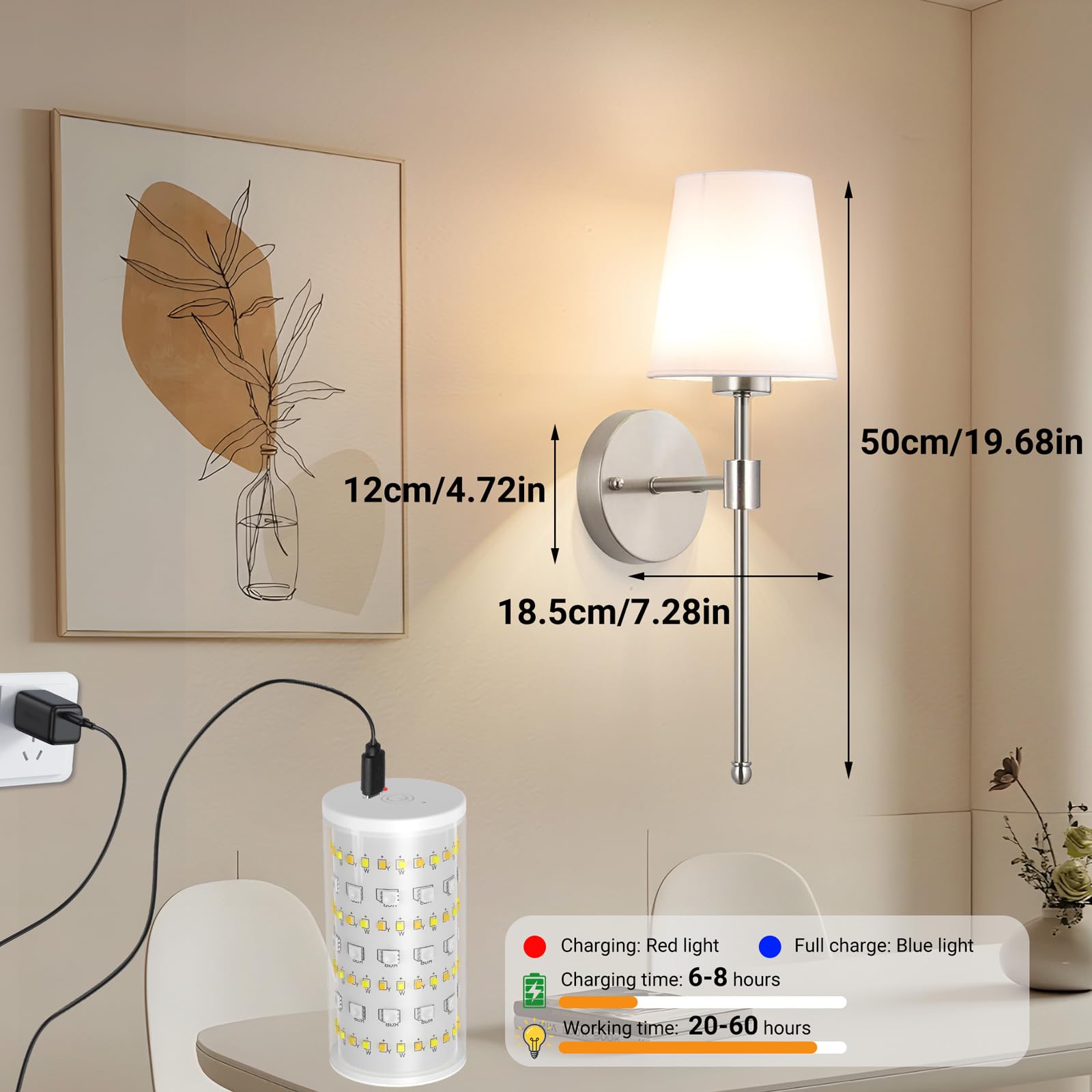 Nekhung Battery Operated Wall Sconces Set of 2, Wireless RGB Rechargeable Light, Nickel, 20-inch, Remote Control, No Electrician Needed