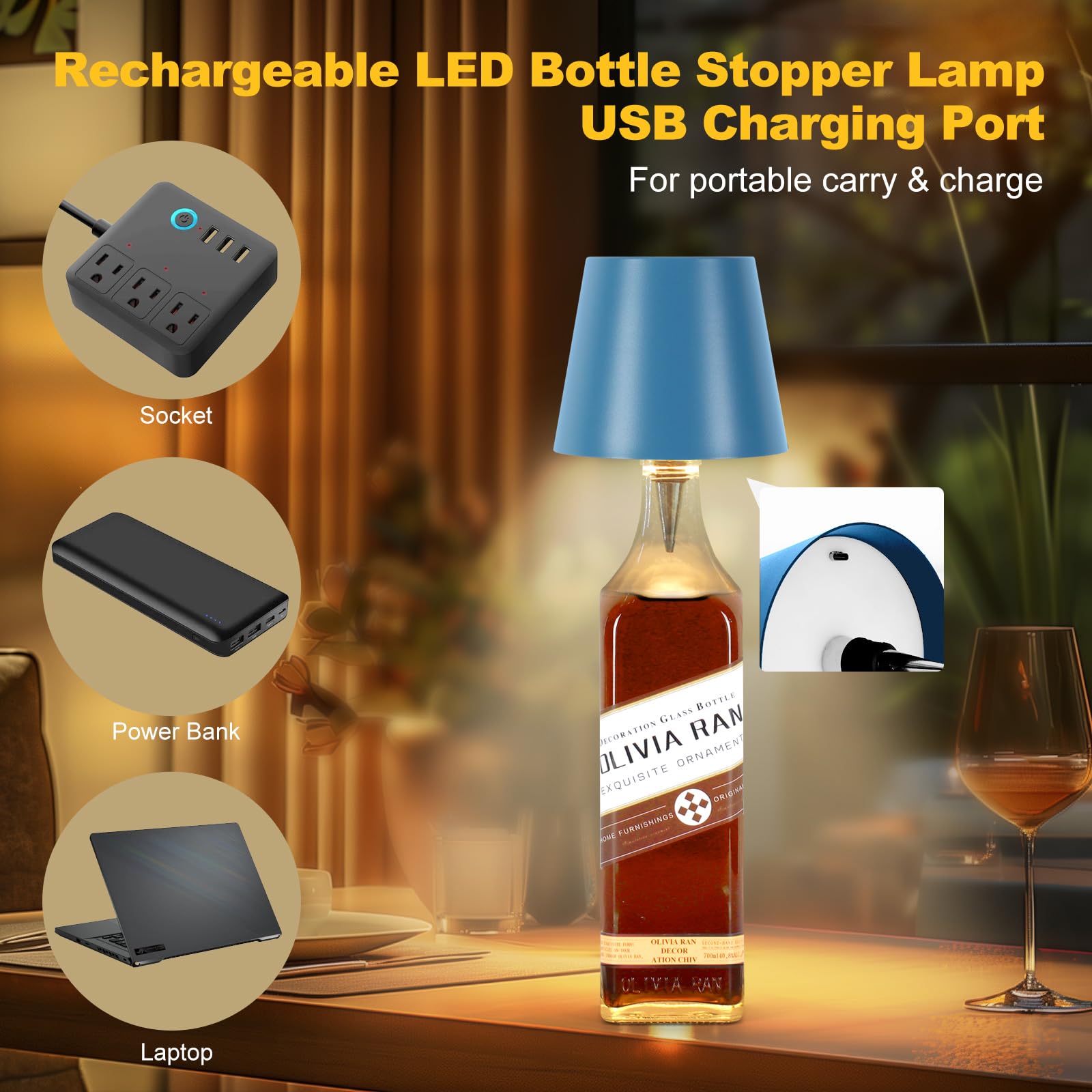 Soudfk Wireless Bottle Lamp, 2025 New 3 Color Rechargeable Wine Bottle Lights For Bars Restaurants (Blue, 1Pc)