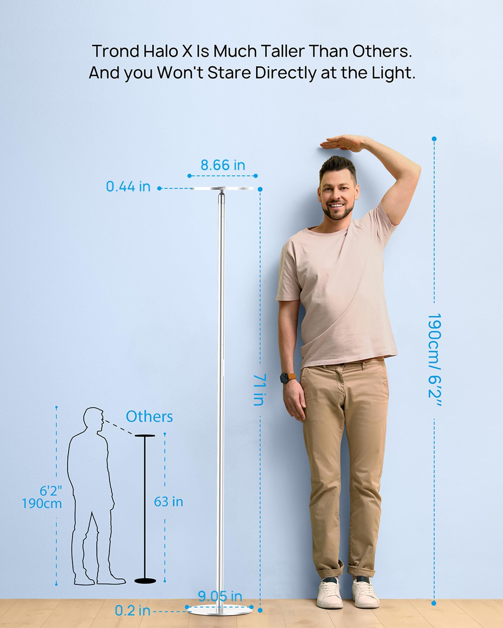 TROND LED Torchiere Floor Lamp, Dimmable 71" Adjustable Height, 5500K Daylight Silver, Compatible with Wall Switch, Model Halo X