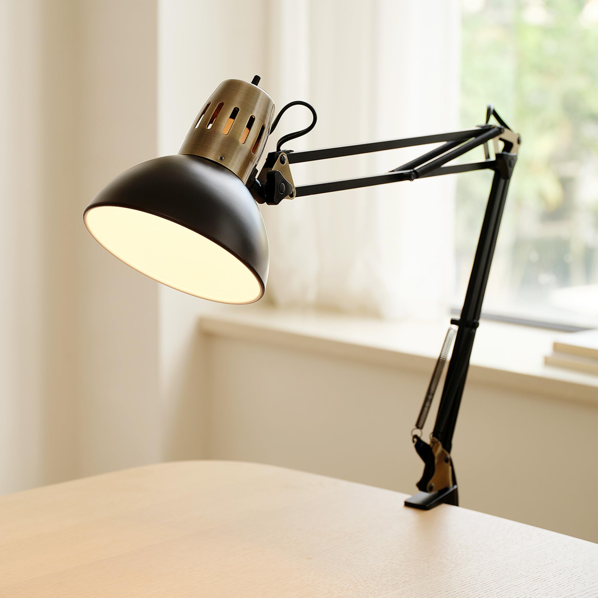 Globe Electric 62000009 32'' Multi-Joint Desk Lamp With Metal Clamp, Matte Black, Antique Brass Accents, On/Off Rotary Switch On