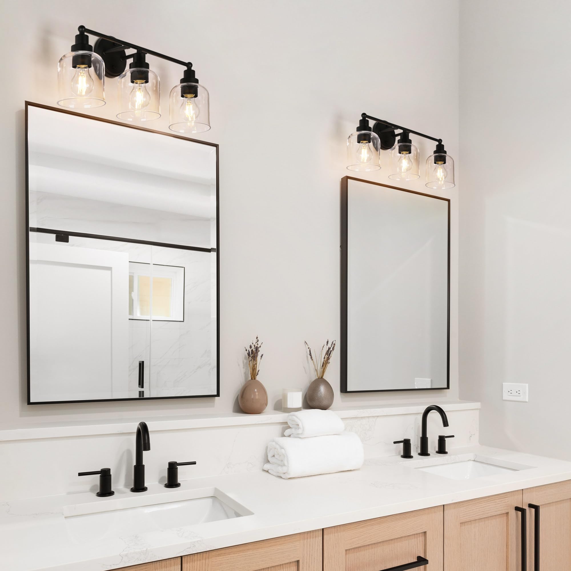 GEPOW 3-Light Bathroom Wall Light Fixture, Black Metal with Clear Glass Shade, Modern Farmhouse Design