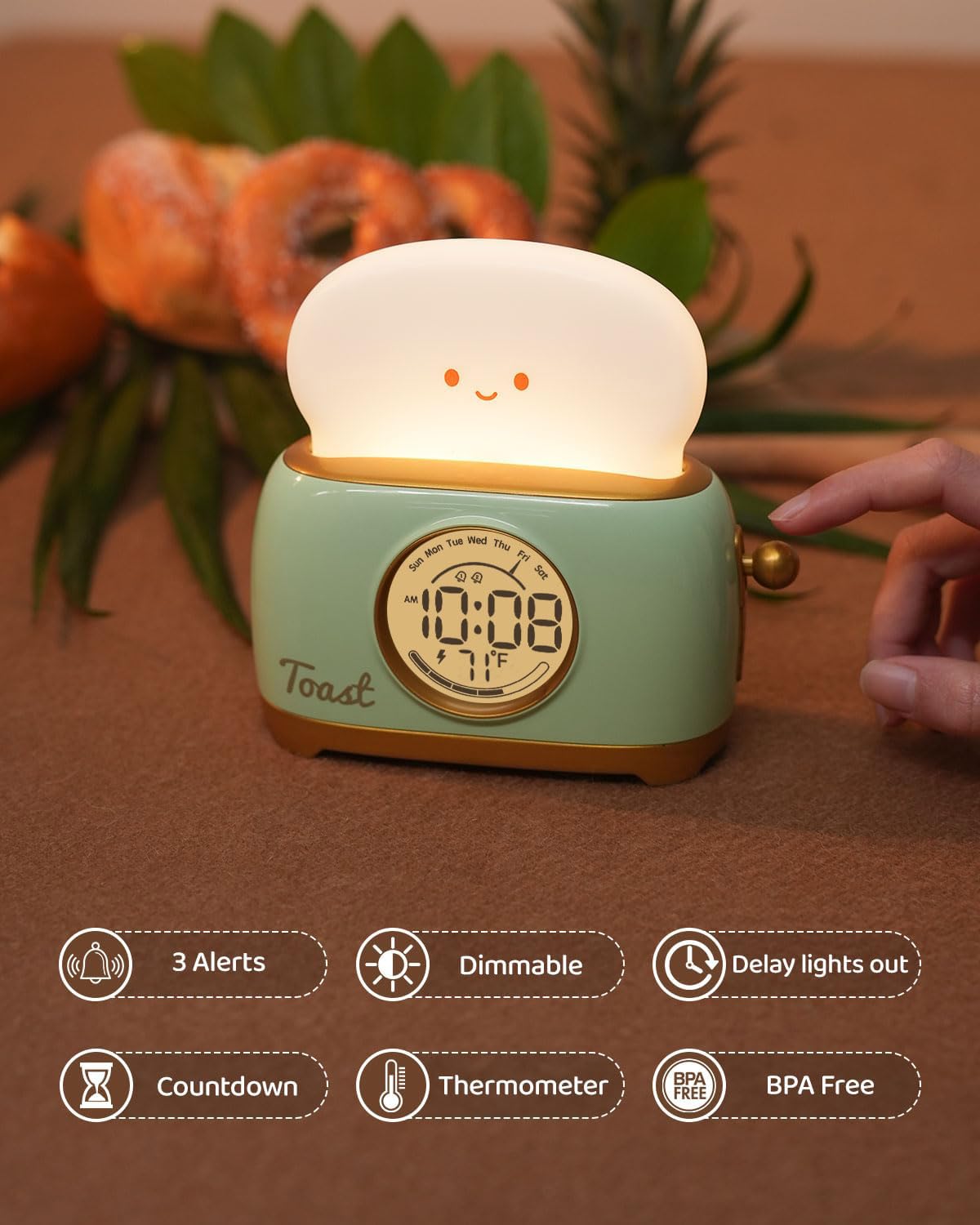 BANDIANCY Kids Toast Night Light Alarm Clock - Green Silicone Sleep Trainer for Toddlers, Perfect Gift for Boys and Girls