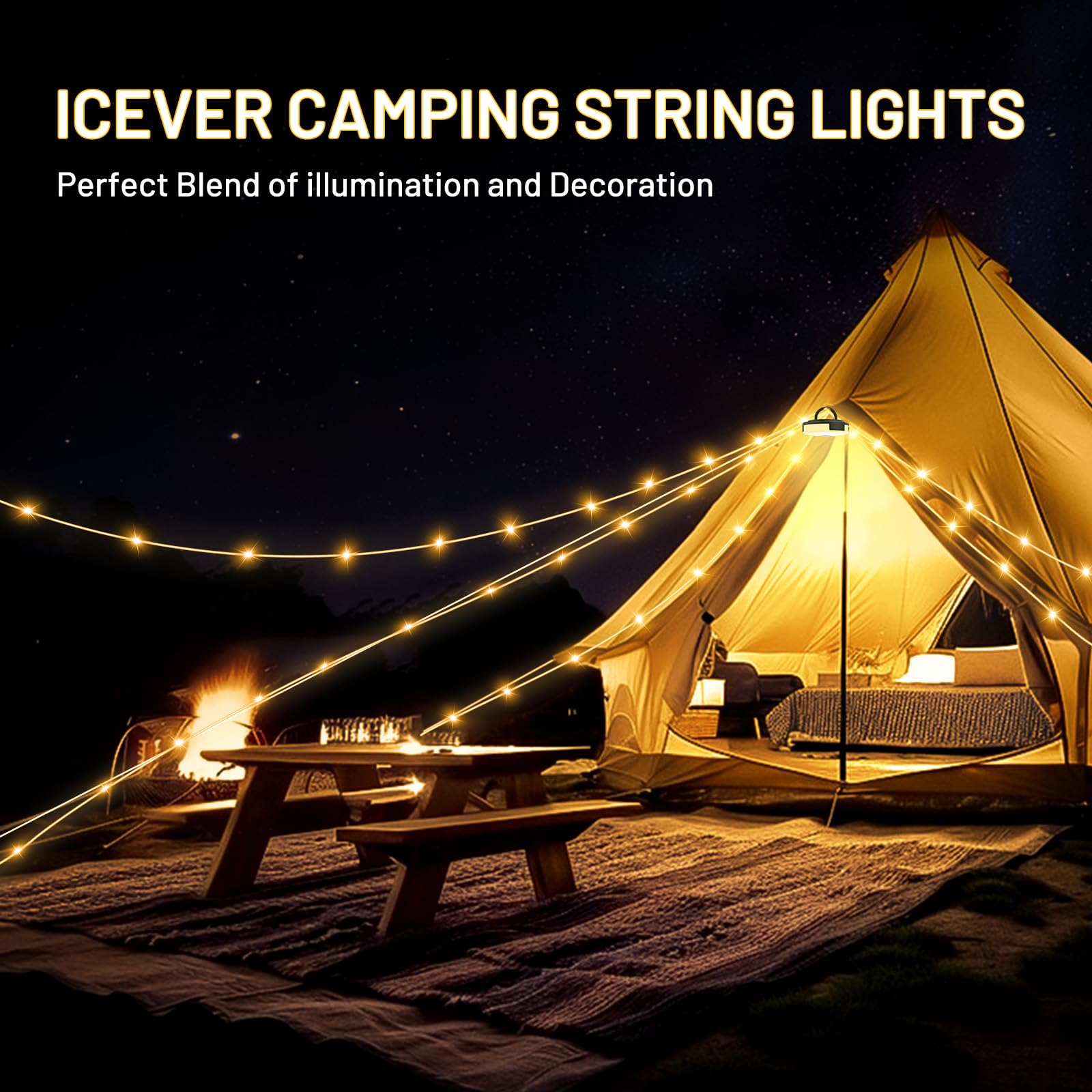 Icever Camping String Lights  32.8Ft 4 In 1 Rechargeable Waterproof Hanging Lamp Portable Led Light For Outdoor Camping Awning Tent Garden Party Yard Festival Decor (10 Lighting Modes)