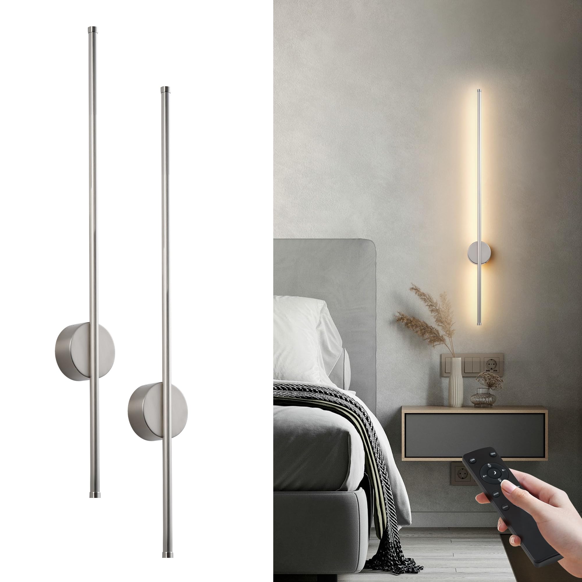 KARTOOSH Battery Operated Wall Sconces, Dimmable LED Light Set of Two, 39.3 Inch, Nickel, Model ZM322B