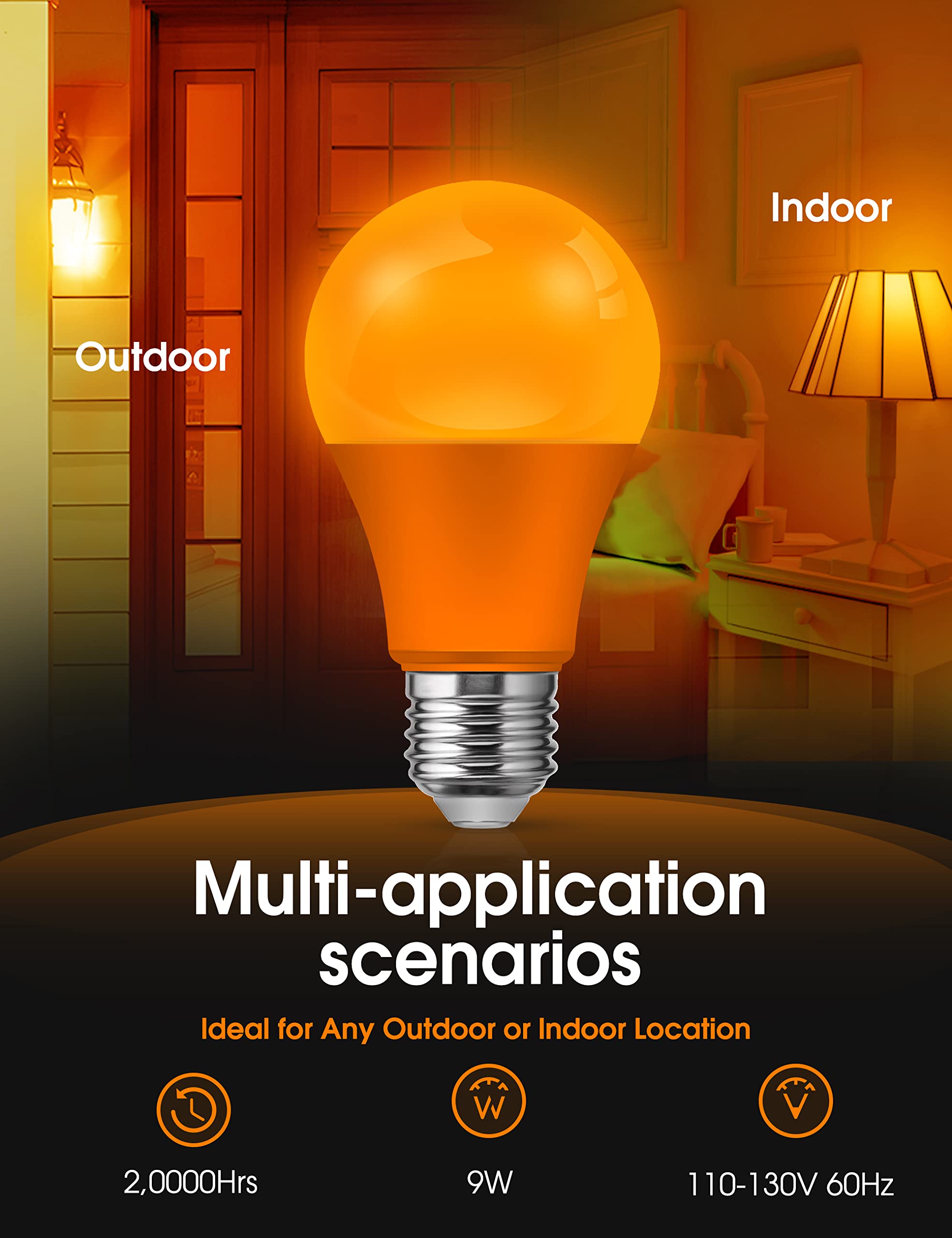 L LOHAS LED Orange LED Light Bulbs, A19 9W (60W Equivalent), E26 Base, 2 Count, Non-Dim, Outdoor Lighting