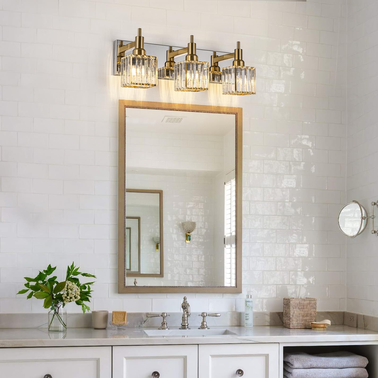 HUOKU Crystal Bathroom Vanity Light 3-Light Metal Wall Sconce Gold Chrome Model HUOKU-CB3L-GC