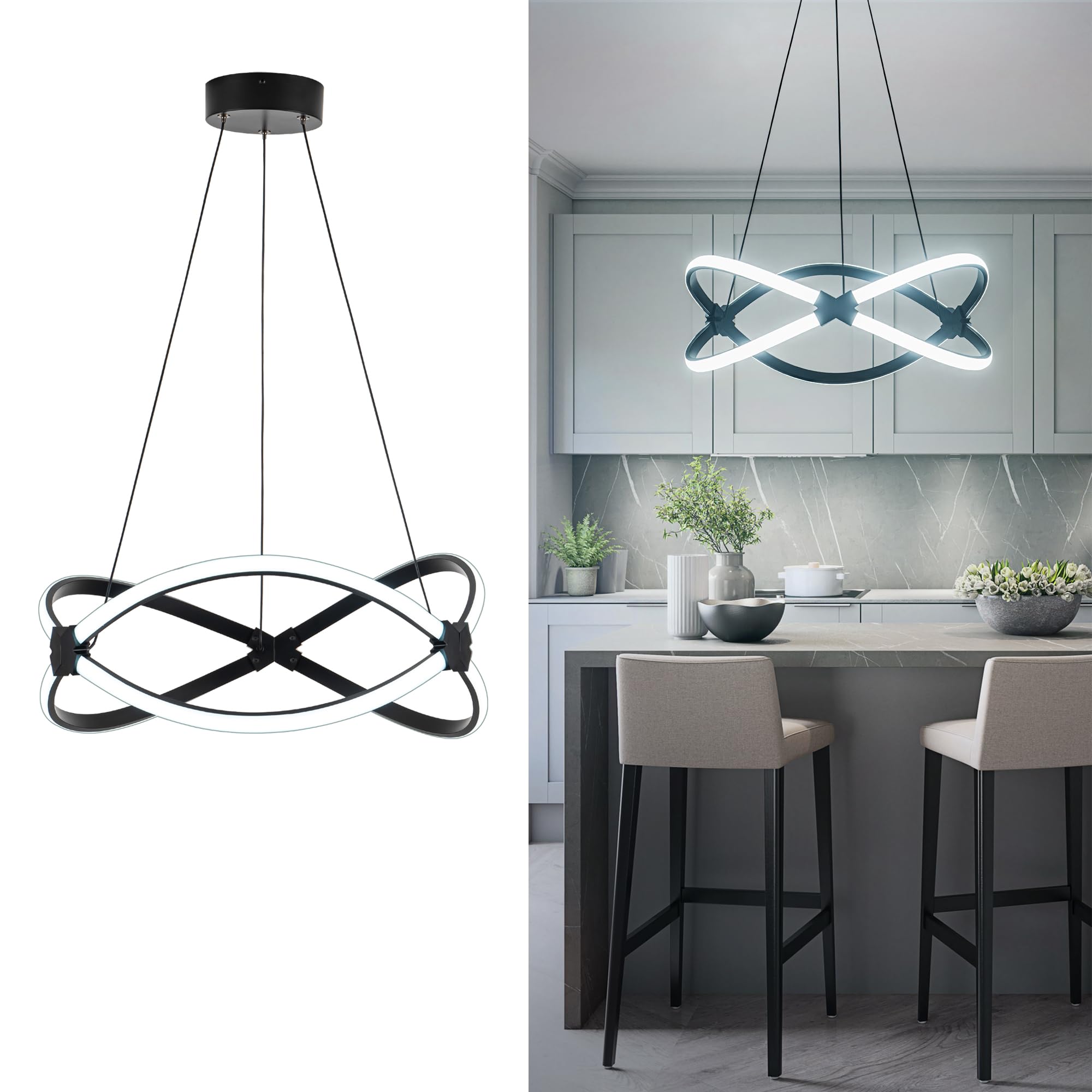 Mayful Modern LED Chandelier, Black Pendant Light, Adjustable Height Chandeliers with Circular Ring Shape, Modern Chandeliers fo