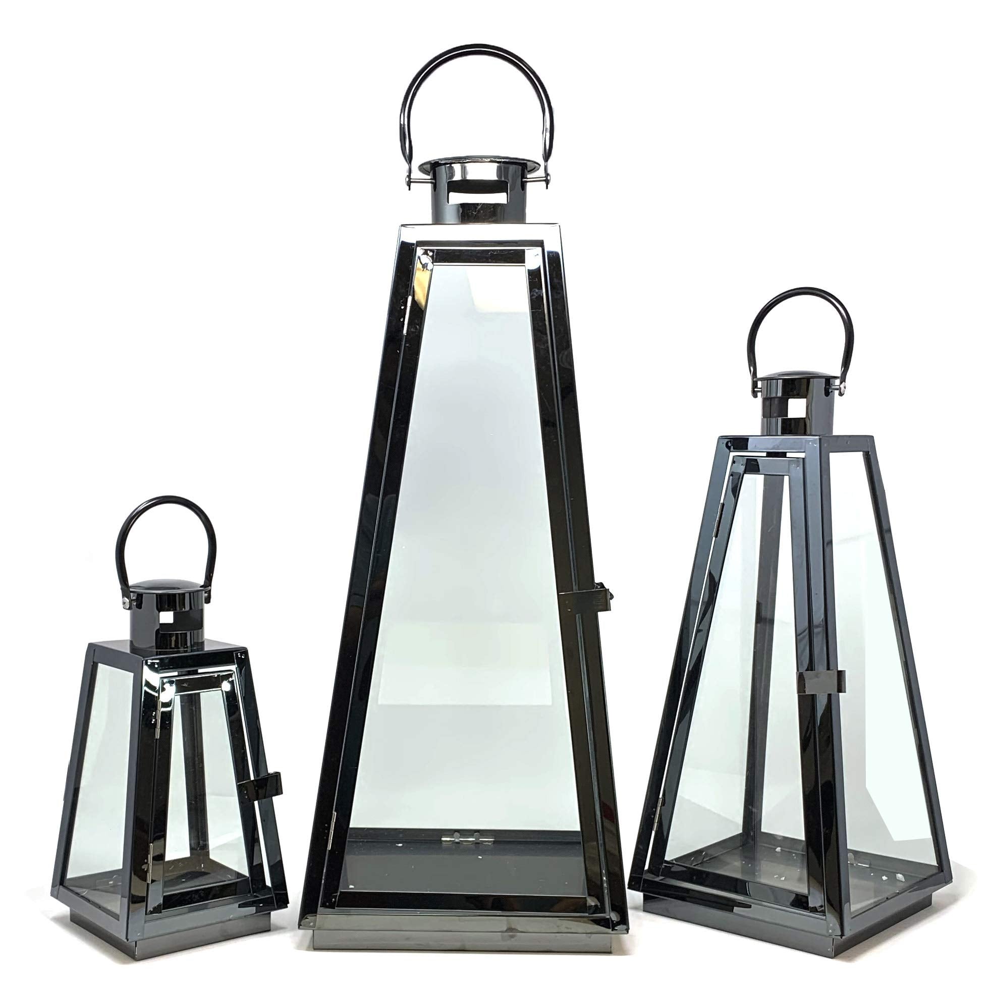 Allgala 3-PC Lantern Set 24 Inch Jumbo Deluxe Modern Indoor/Outdoor Candle Lantern Set Black Stainless Steel Tapered Trapezoid F