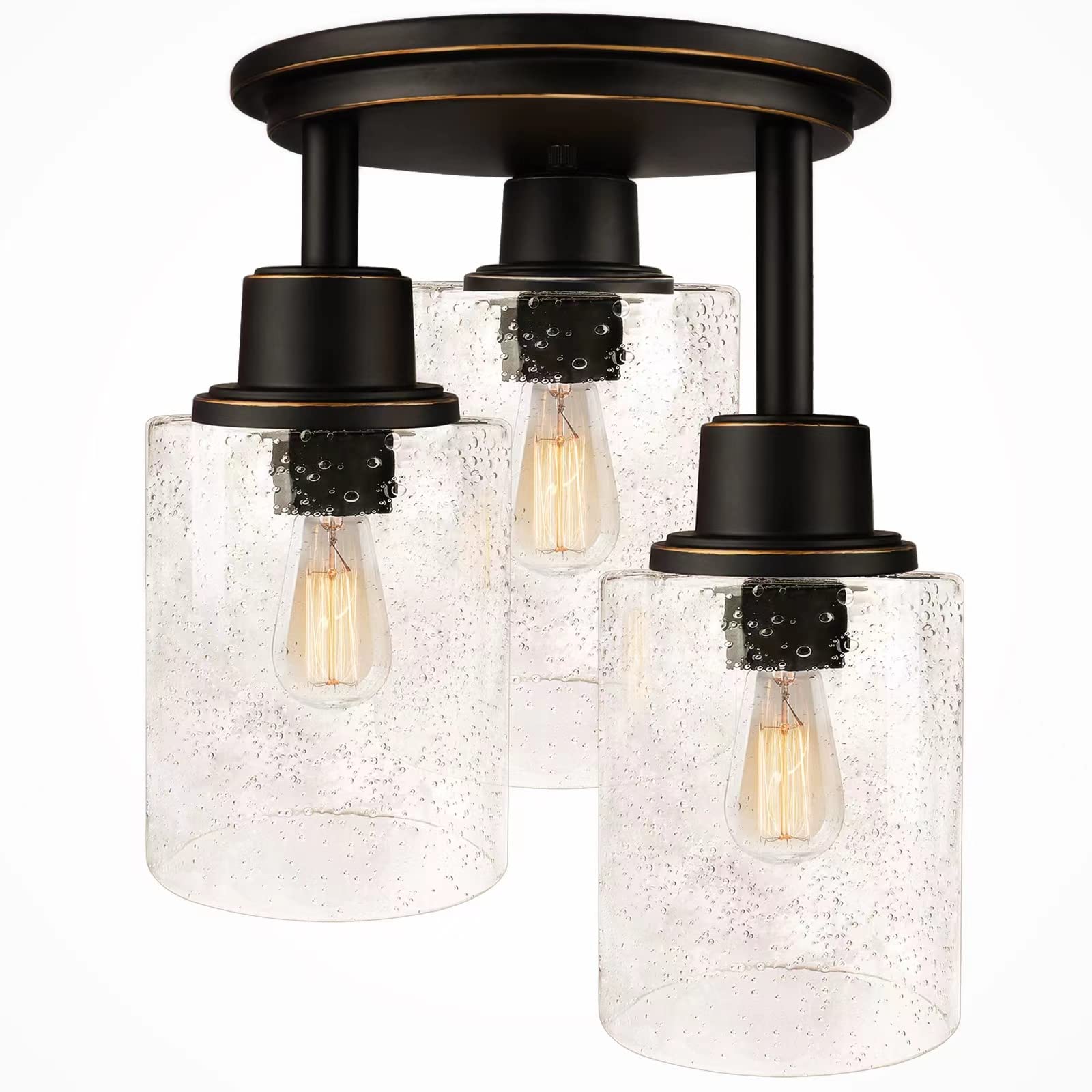 ROTTOGOON Semi Flush Mount Ceiling Light, 3-Light Vintage Style, Oil-Rubbed Bronze, Clear Seeded Glass, Model 727196420275