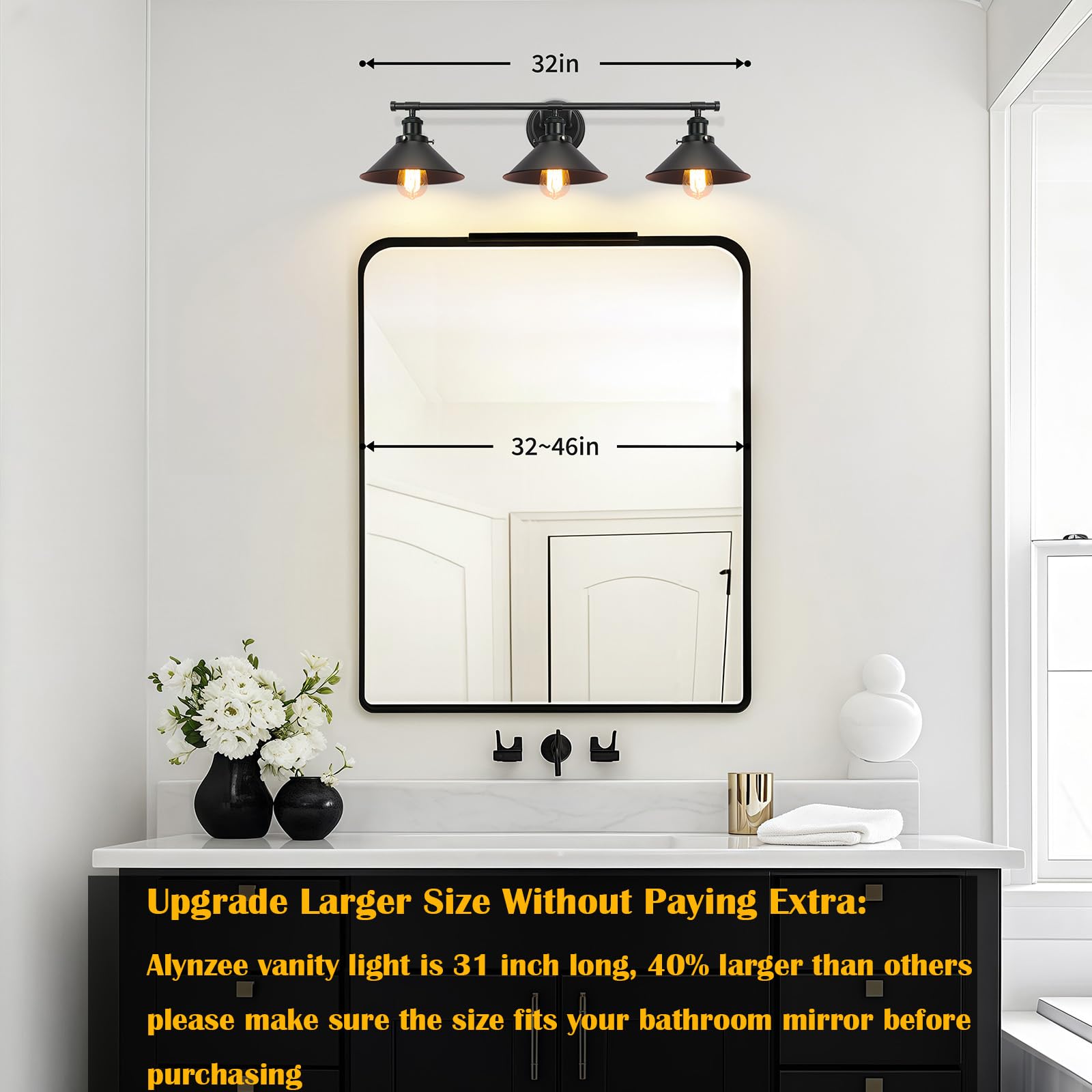 Alynzee Bathroom Vanity Light Fixtures, 3-Light Matte Black Metal Wall Sconce, Farmhouse Industrial Style