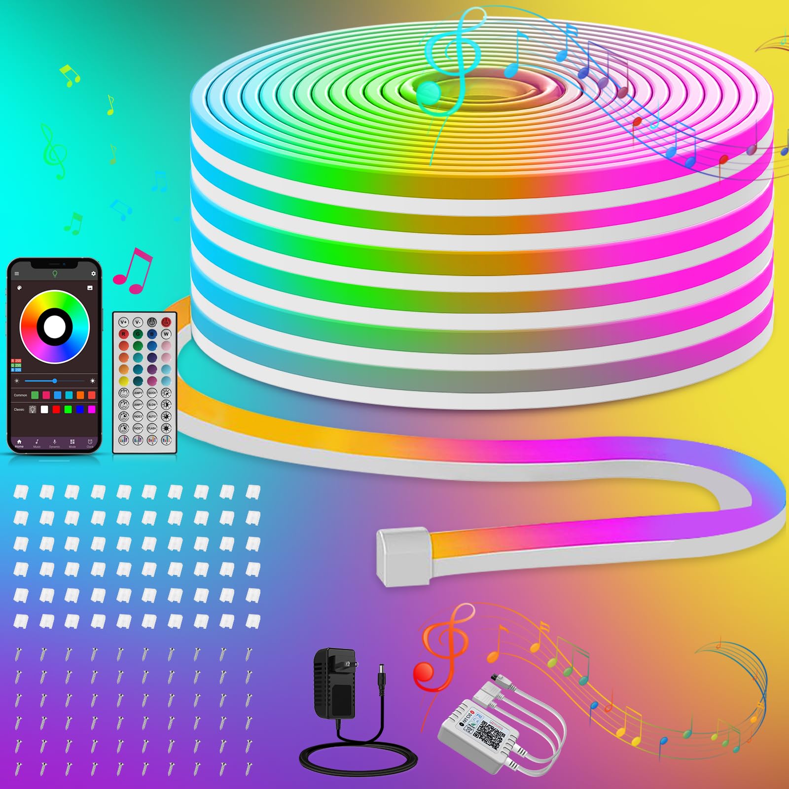 Ledagic RGB LED Neon Rope Lights, 100ft, IP65 Waterproof, Remote/App Control, Plastic, White, Model LedNeon002-4