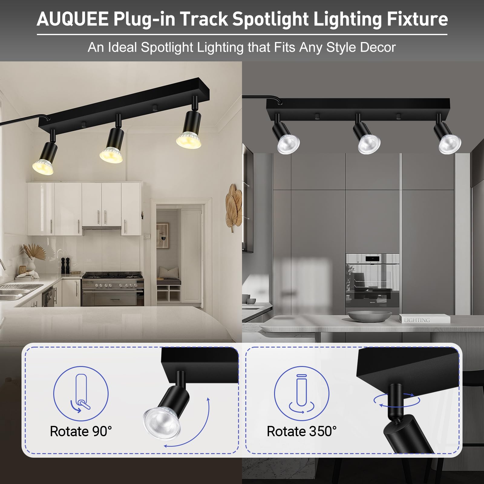AUQUEE 16" Plug in Track Lighting Fixture, Black GU10 Wall Spotlight, Rotatable Head, 15ft Power Cord, Ideal for Kitchen & Living Room