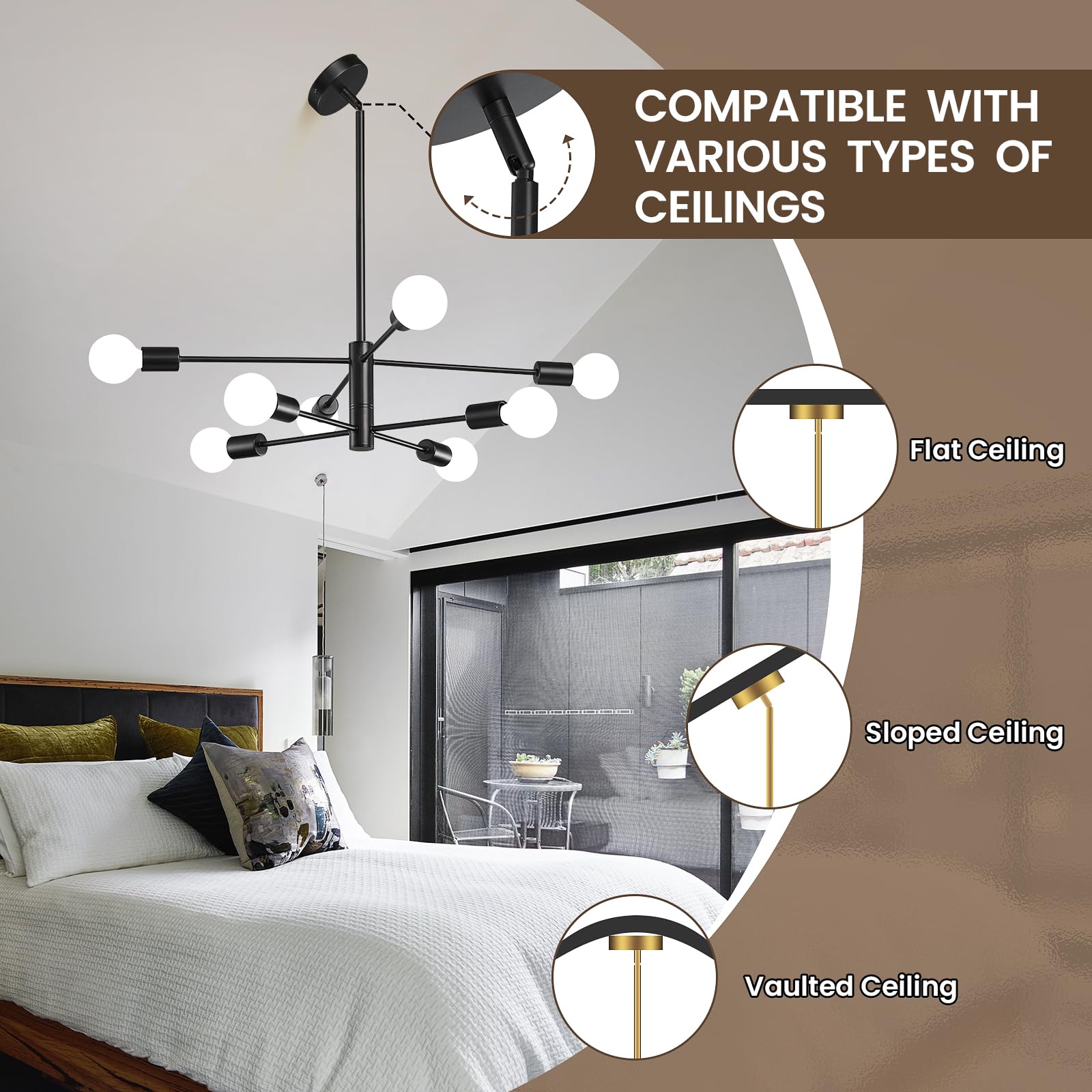 Kaisite Modern Chandelier Sputnik Ceiling Light Fixture Black Chandelier For Bedroom Living Room 8-Light Height Adjustable Dinin
