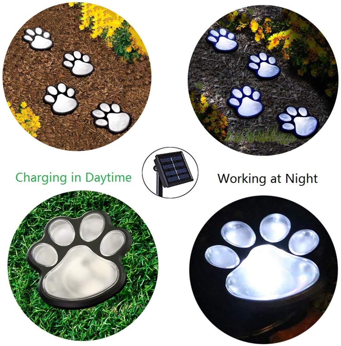 Elnsivo Paw Print Solar Outdoor Lights, Waterproof Set of 4, Plastic, White