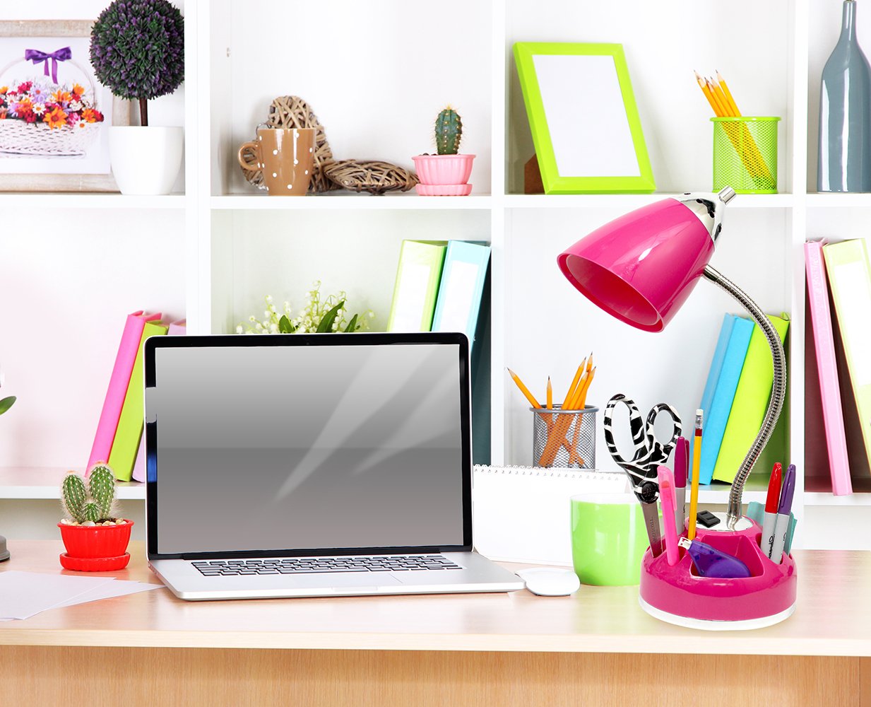 Simple Designs Ld1015-Pnk Flossy Organizer Desk Lamp With Charging Outlet And Lazy Susan Base, Pink