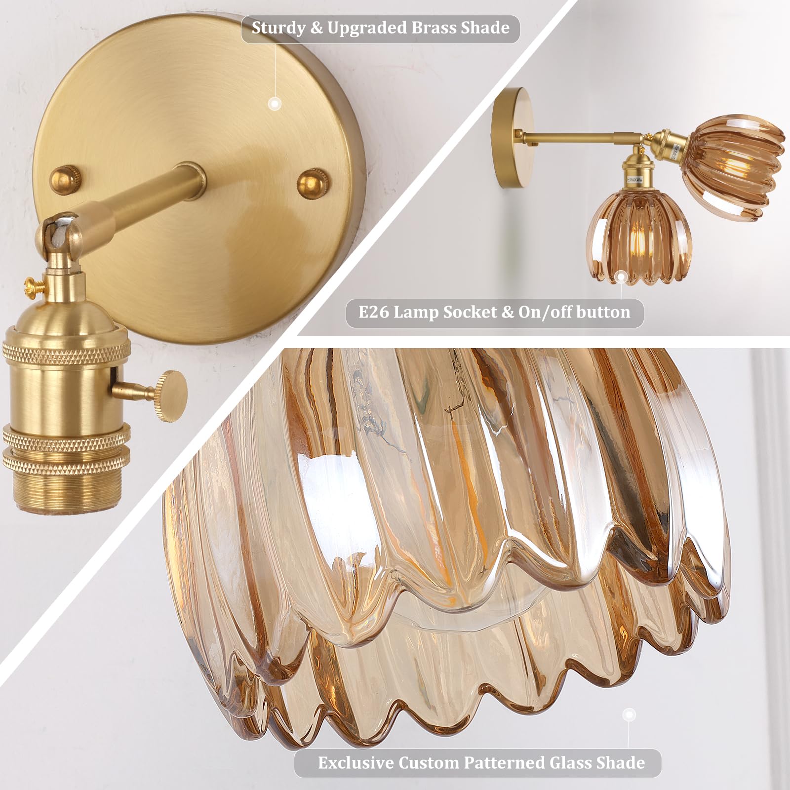 Shenmoyl Vintage Wall Sconces, 2 Light Hardwired, Adjustable Brass with Tulip Amber Glass Lampshade, Model 1-9415