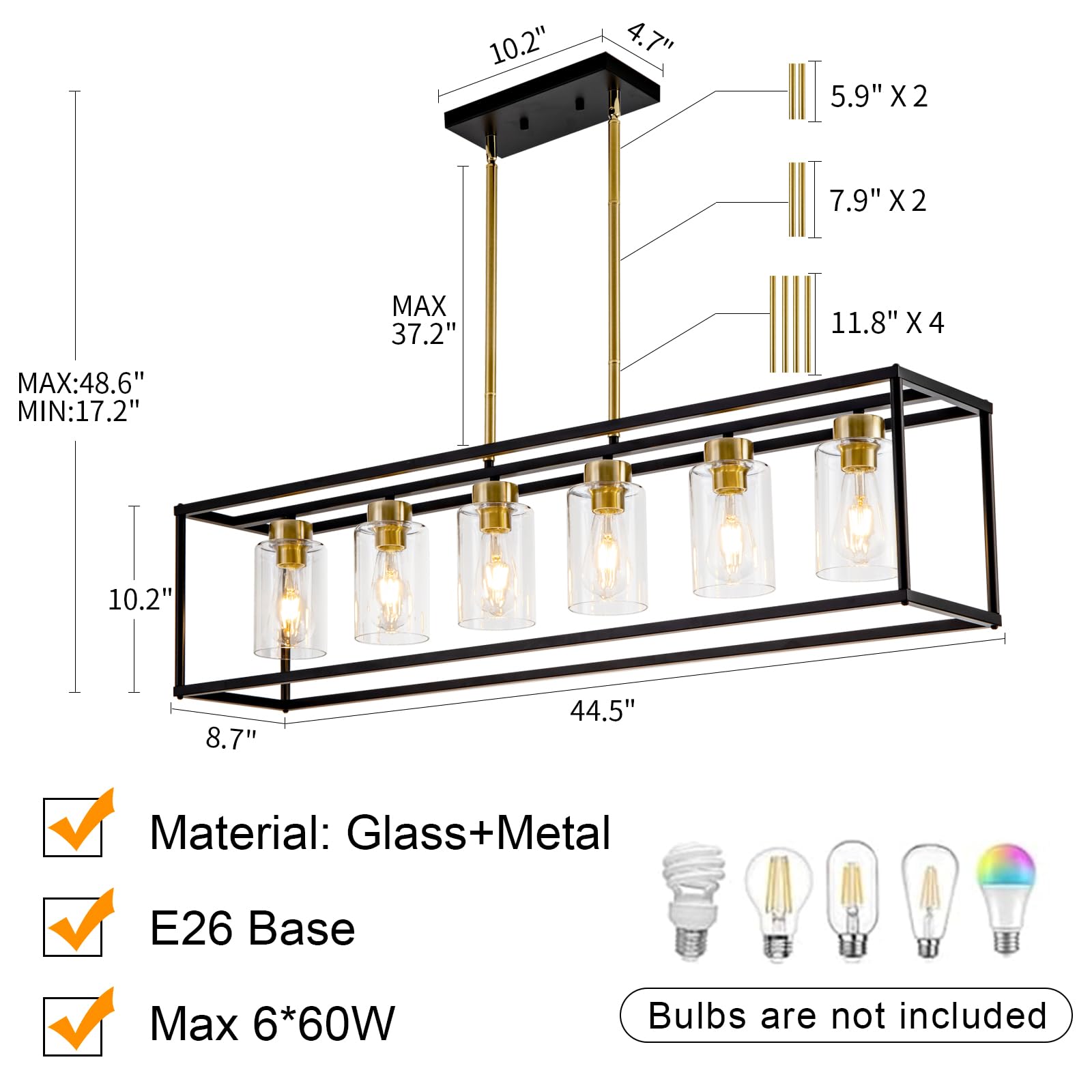 Hccz 6-Light Modern Chandelier, Black & Brushed Brass, Glass Shade For Dining Room & Kitchen