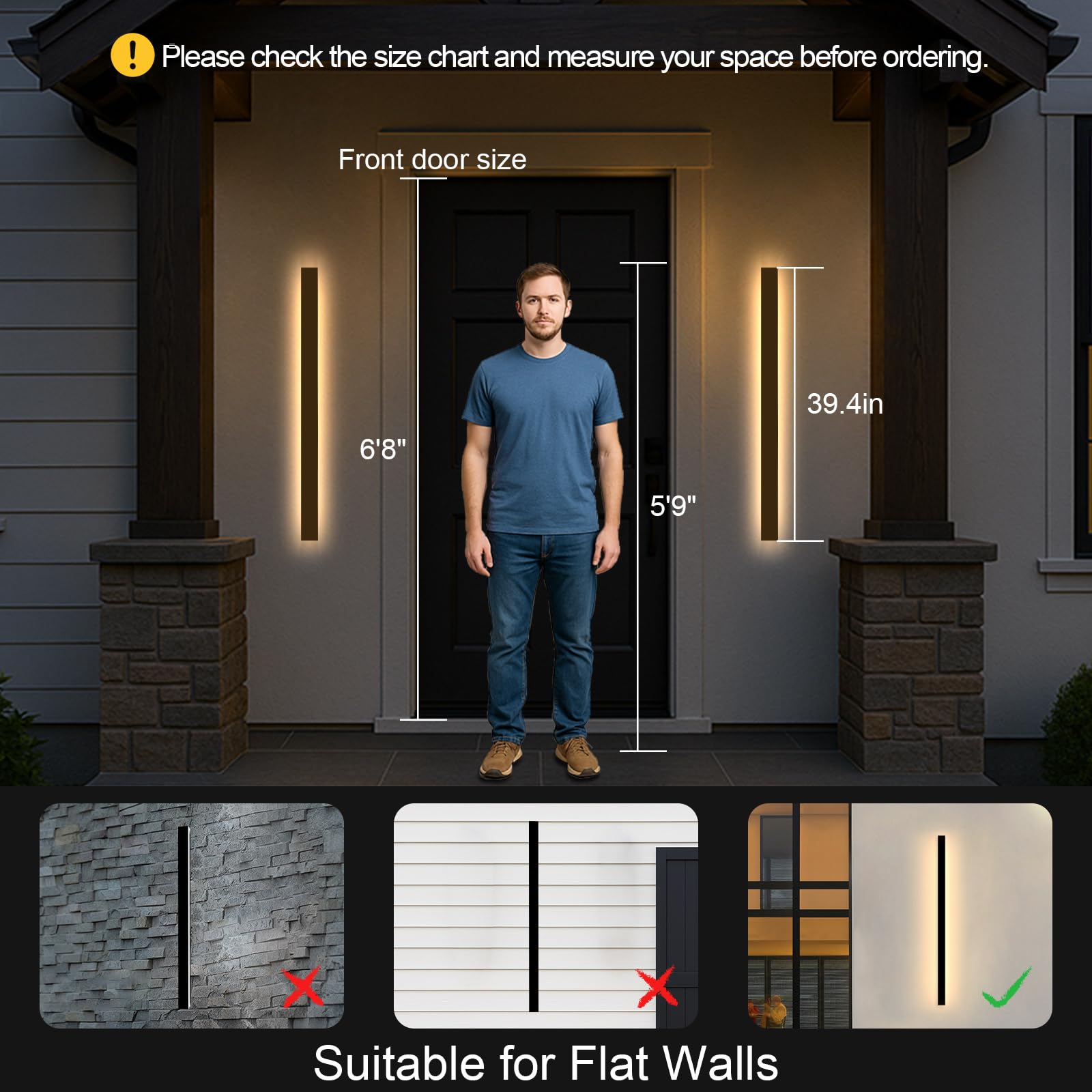 Modern Exterior Lights For House - 39.4Inch Long Strip Outdoor Porch & Patio Wall Light Fixture  Dimmable Black Wall Mount Exterior Lighting Wall Sconce Outside Garage Lights For Courtyard  Corridor