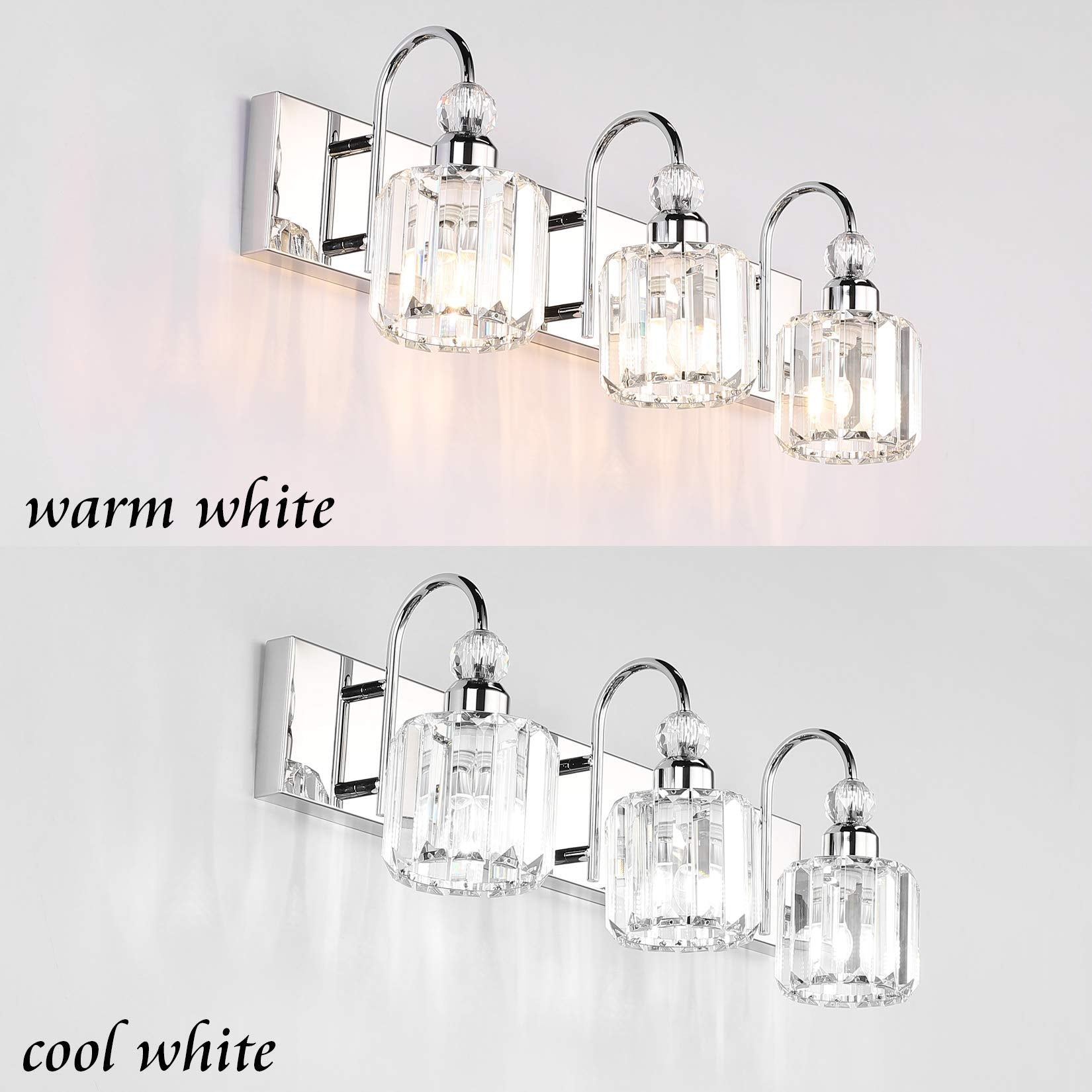 Ralbay Modern LED Crystal Bathroom Vanity Lights 3-Light Stainless Steel Fixture Round-Chrome Model 8600