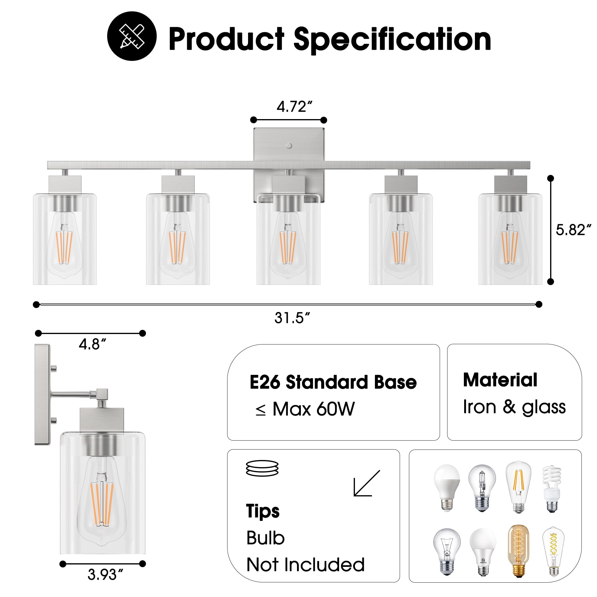 Espird 5 Light Bathroom Vanity Light - Brush Nickel Bathroom Light Fixtures Square Design & Ul Certification, 31 Inch Long Silve