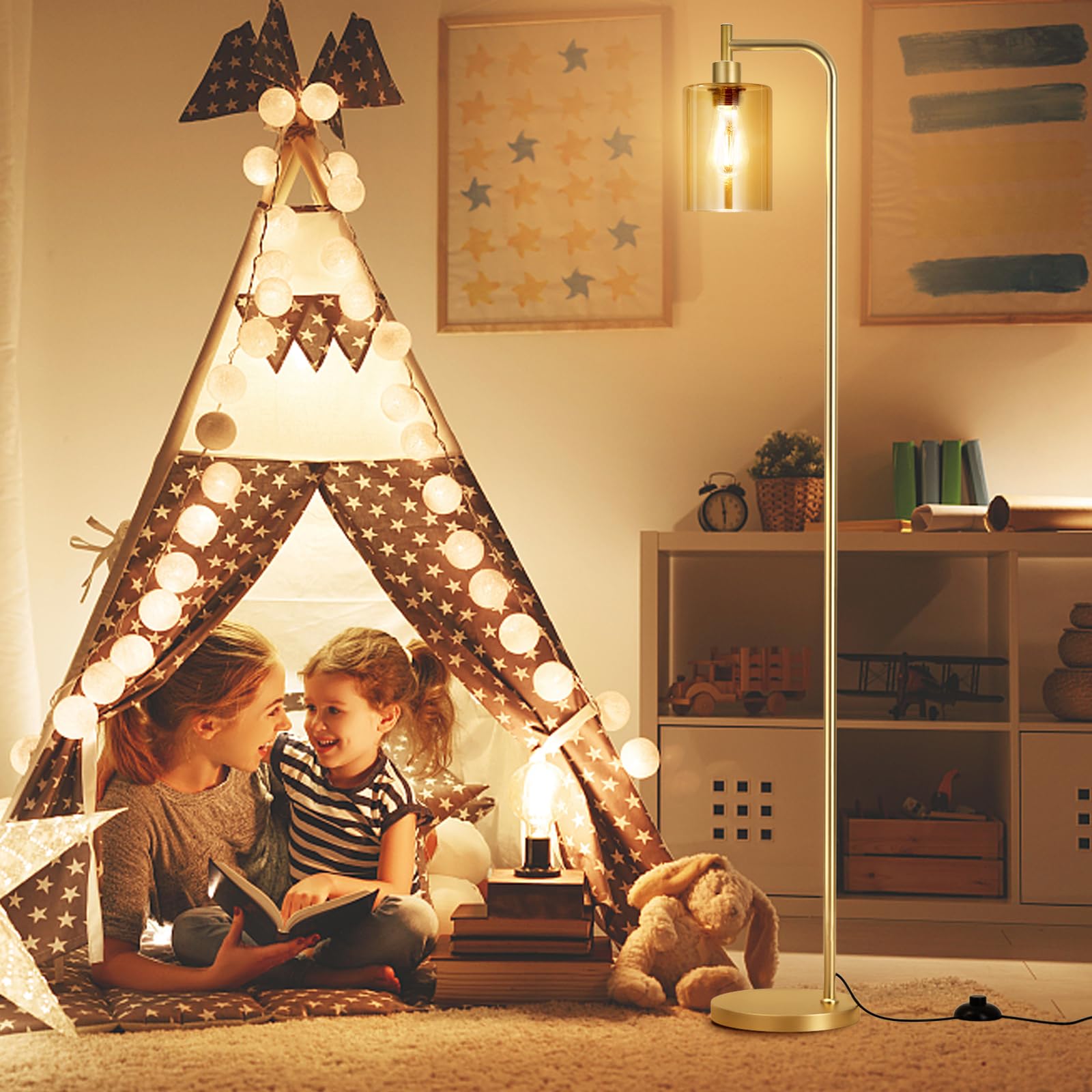 Ziisee Floor Lamps For Living Room - Gold Standing Lamp With Amber Glass Shade, Modern Floor Lamp With Led Bulbs, Bright Industrial Floor Lamp For Bedroom, Farmhouse Tall Lamp For Office