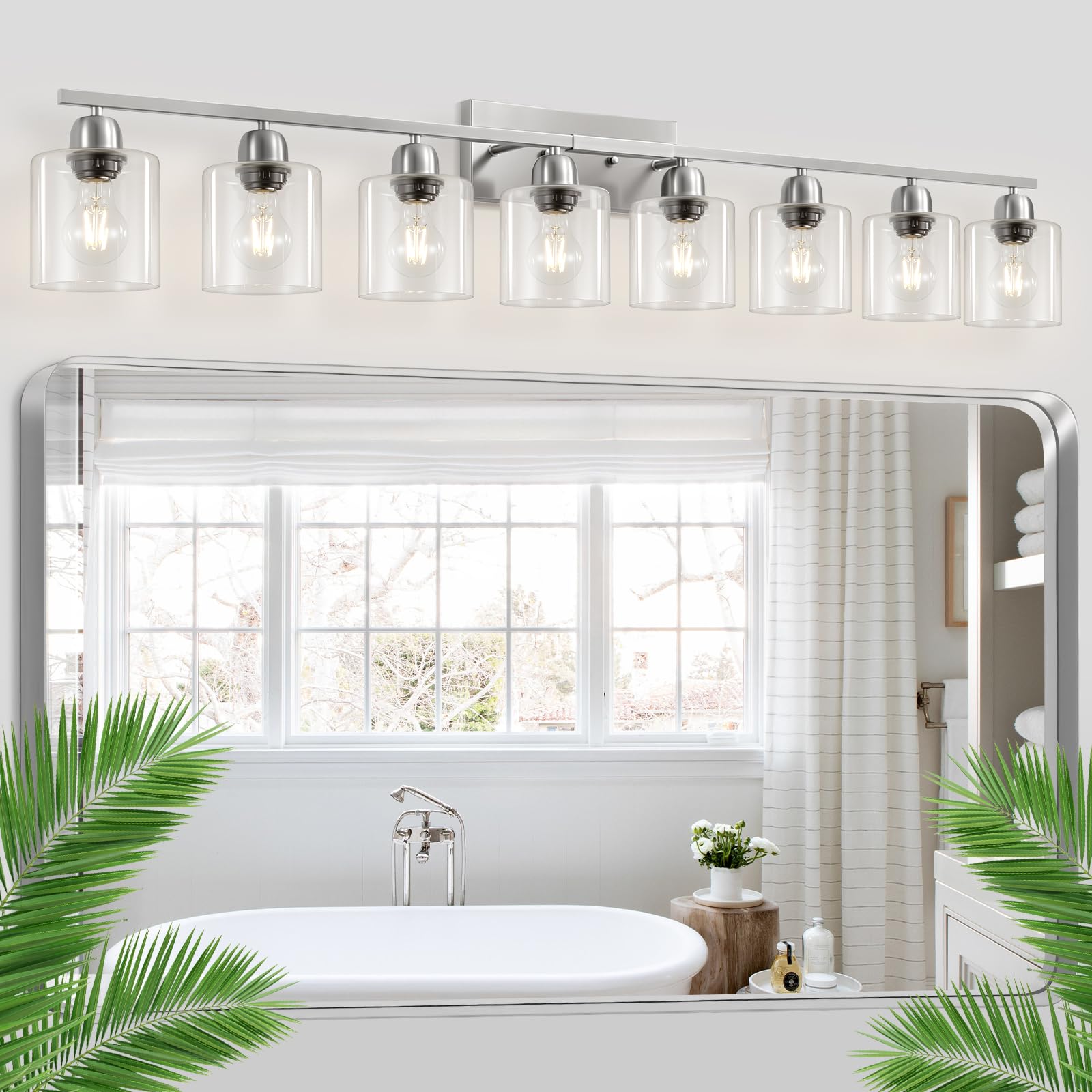 FAISHILAN Modern Brushed Nickel 8 Light Bathroom Light Fixtures 52 inch Vanity Lights for Bathroom with Clear Glass for Mirror Kitchen Living Room Hallway Cabinet Porch