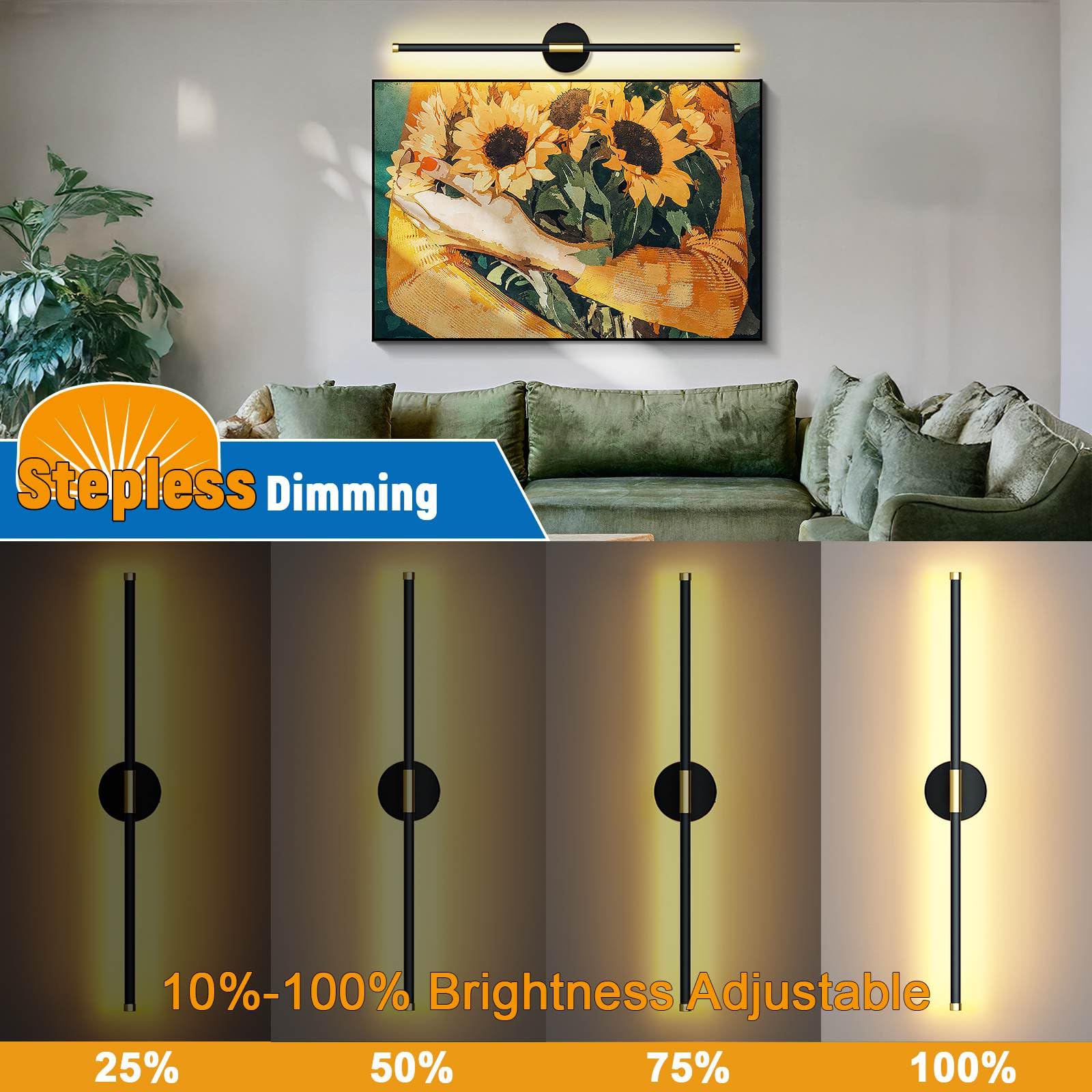 Neymlya Wall Sconces Set of 2, Battery Operated, Dimmable 3000K/4000K/6000K, Rechargeable, Metal, Black Gold,