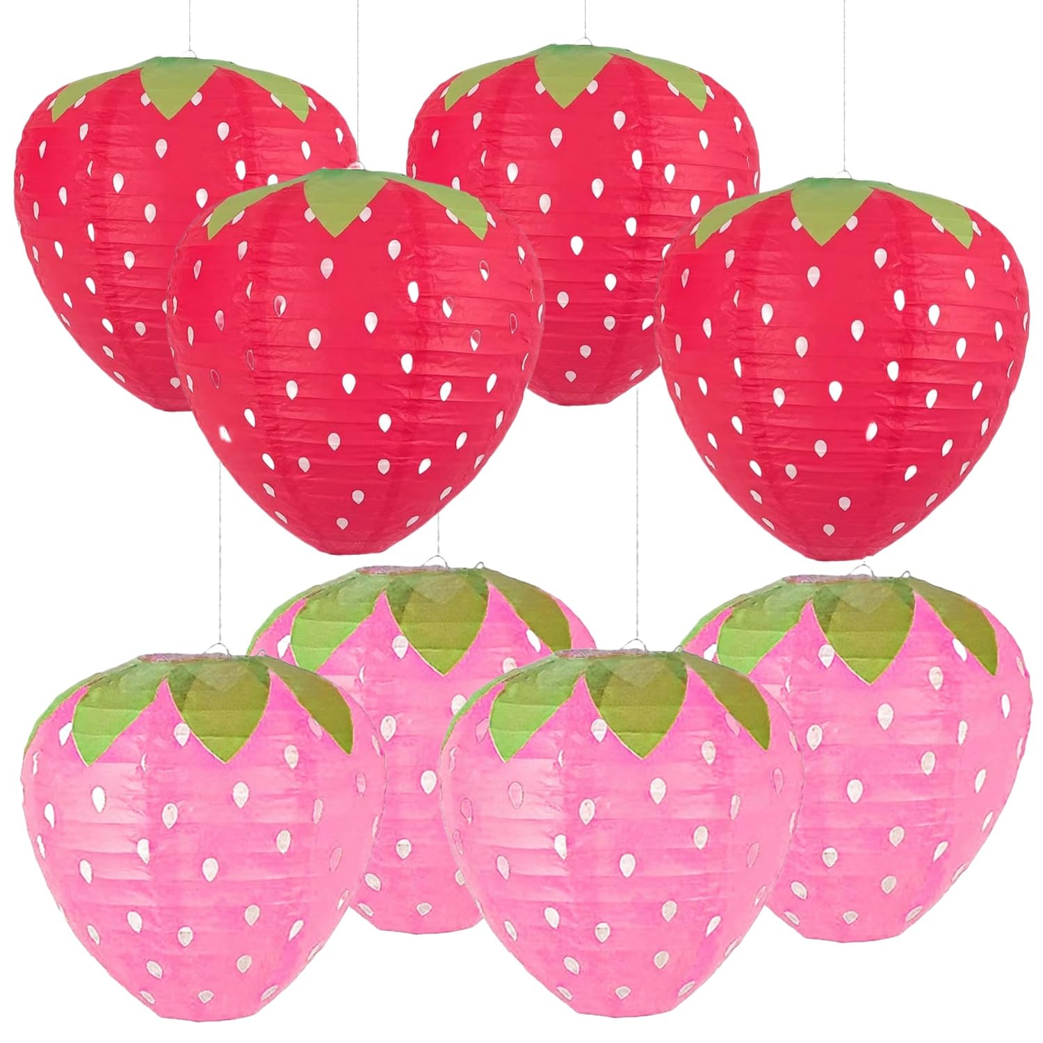 Magnoloran Strawberry Paper Lanterns - 8Pcs Hanging Decorations For Room, Birthday Party, Wedding, Garden - 8 Inch, Red And Pink