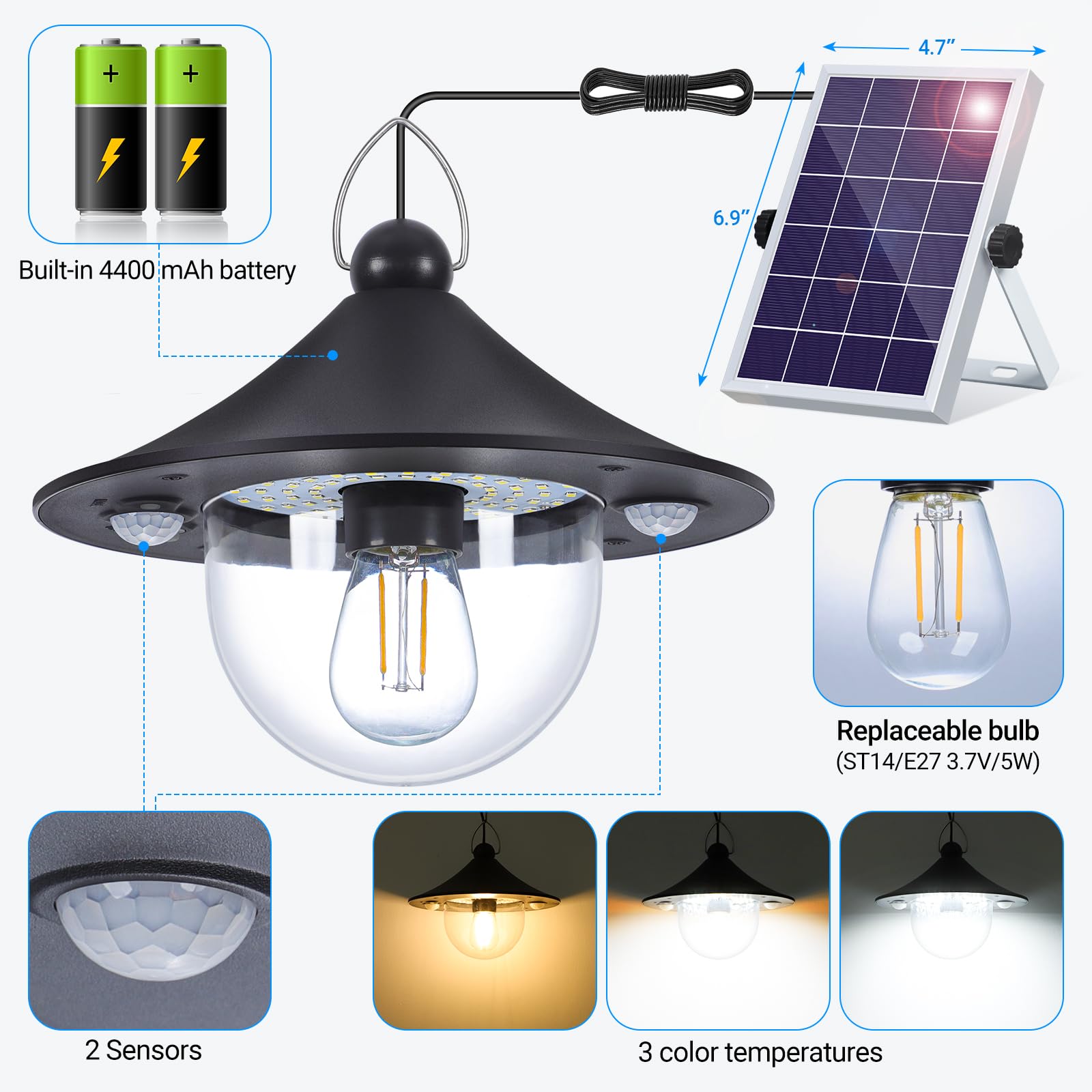 Ropelux Solar Shed Indoor Outdoor Lights With 3000Lm 5 Modes (Daytime Available) 3 Color Temperatures, Waterproof Solar Powered