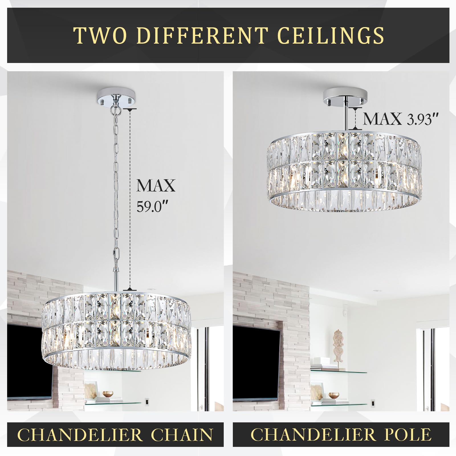 Catiner Modern Crystal Chandelier 18 Chrome Semi Flush Mount Ceiling Light Fixtures 6-Lights Drum Crystal Pendant Lighting For Dining Room Foyer Bedroom Living Room