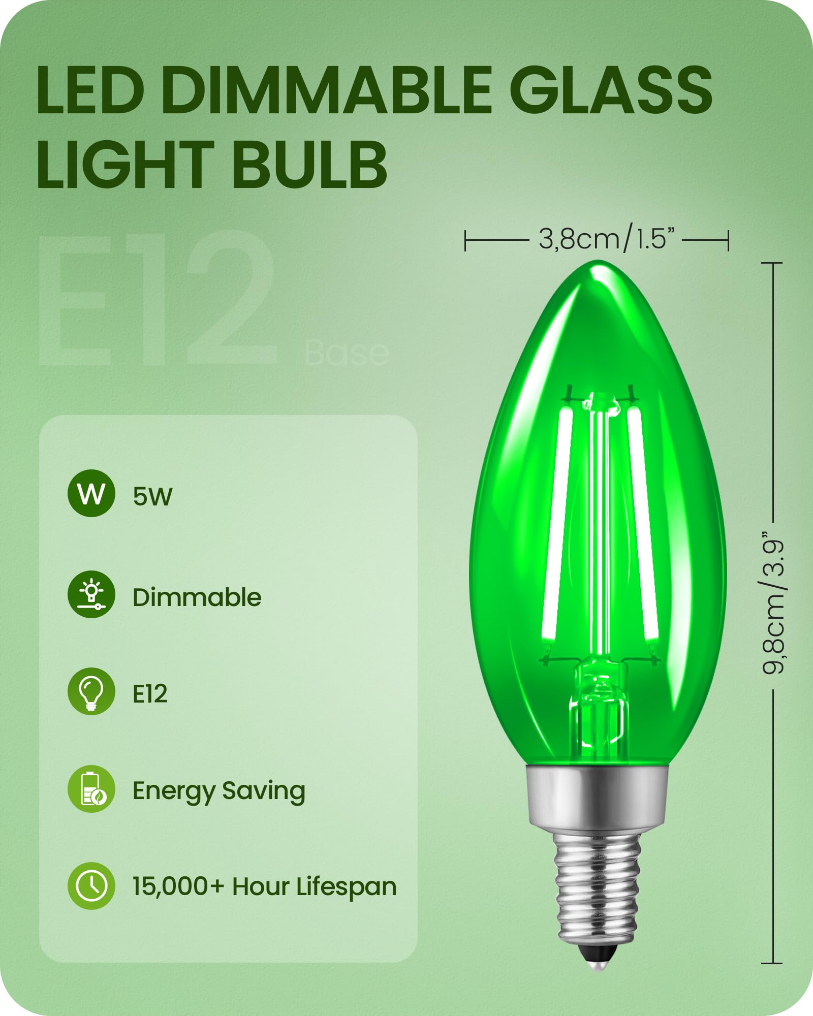 Goebleson Green E12 Led Light Bulbs  C35 5W (60W Equivalent) Glass Dimmable Chandelier Bulbs  Decorative Lighting For Christmas  Halloween  Party  Holiday Decoration  6 Pack J2C3P605