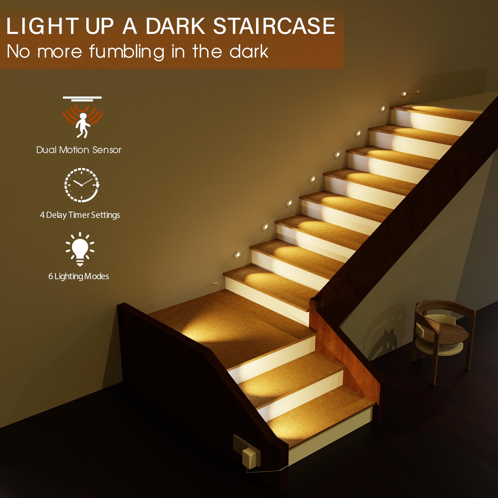 Ameistor Smart Stair Lights - Motion Sensor, Dimmable, 3000K-6000K, 16 Pack, Plastic, Model WSPSD05
