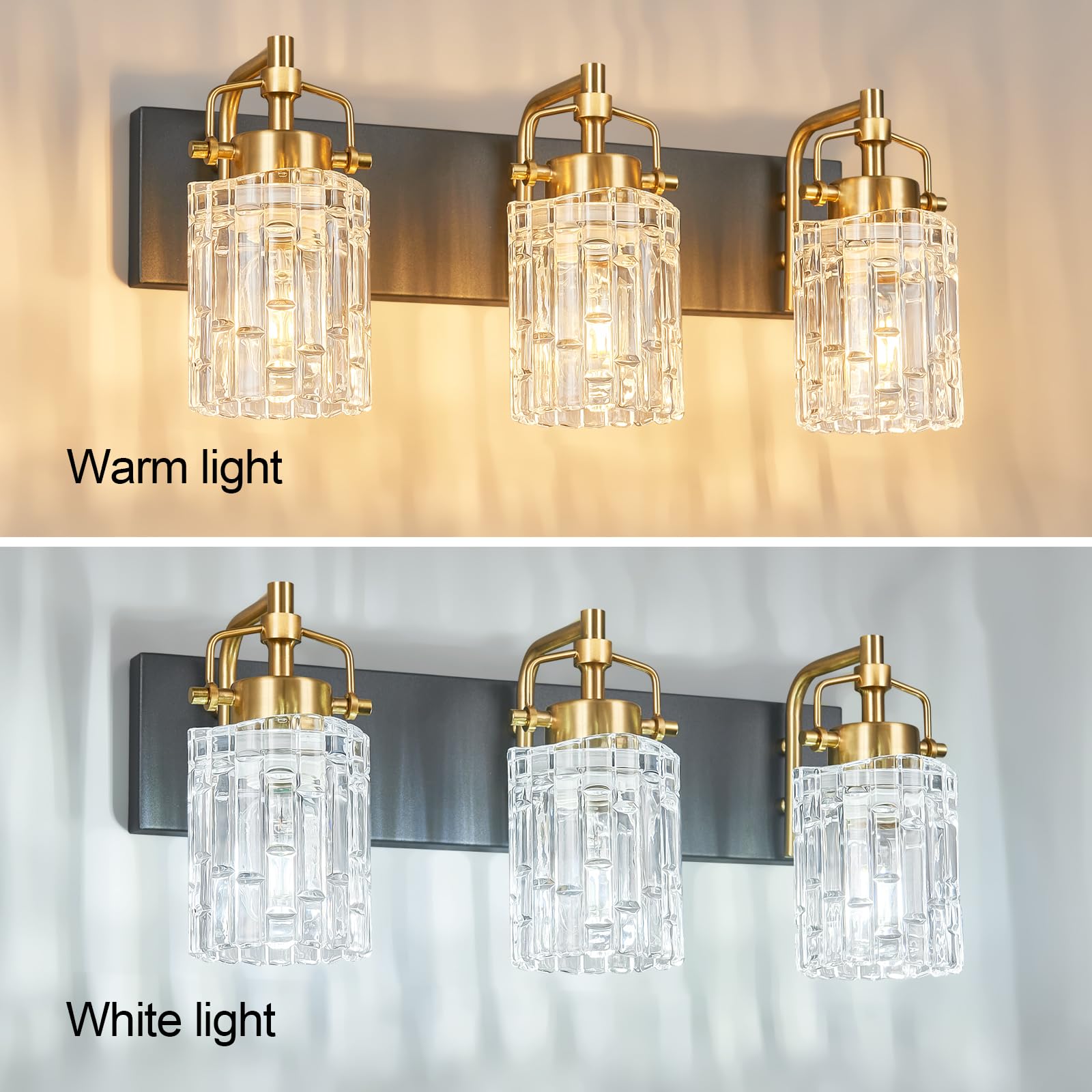 BNHHLZ 3-Light Bathroom Vanity Light Black Gold Crystal Shade Metal Fixture Model 4132