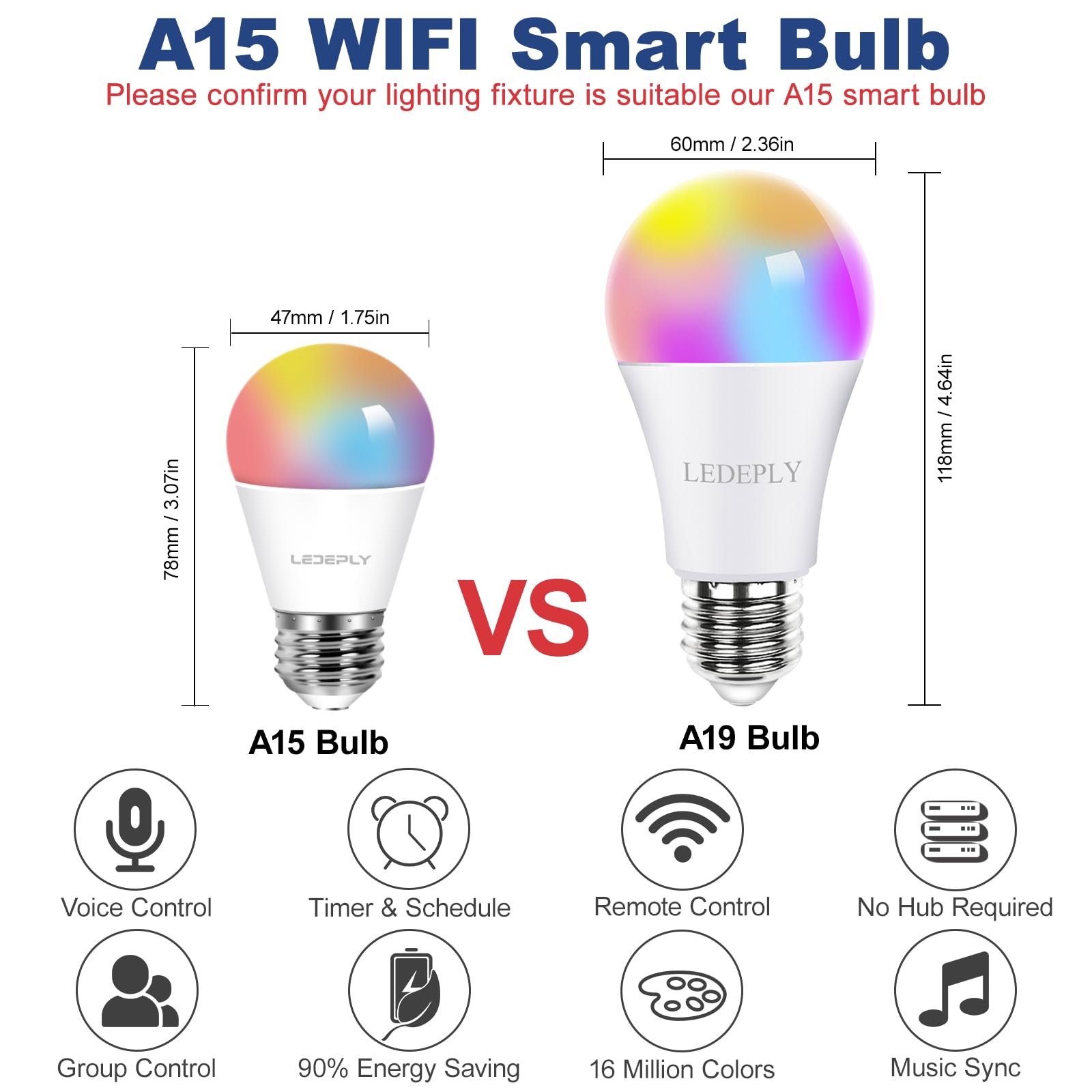 LEDEPLY A15 Smart Bulb, 5W Color Changing Dimmable LED, WiFi, E26, Multi-colored, 1 Pack