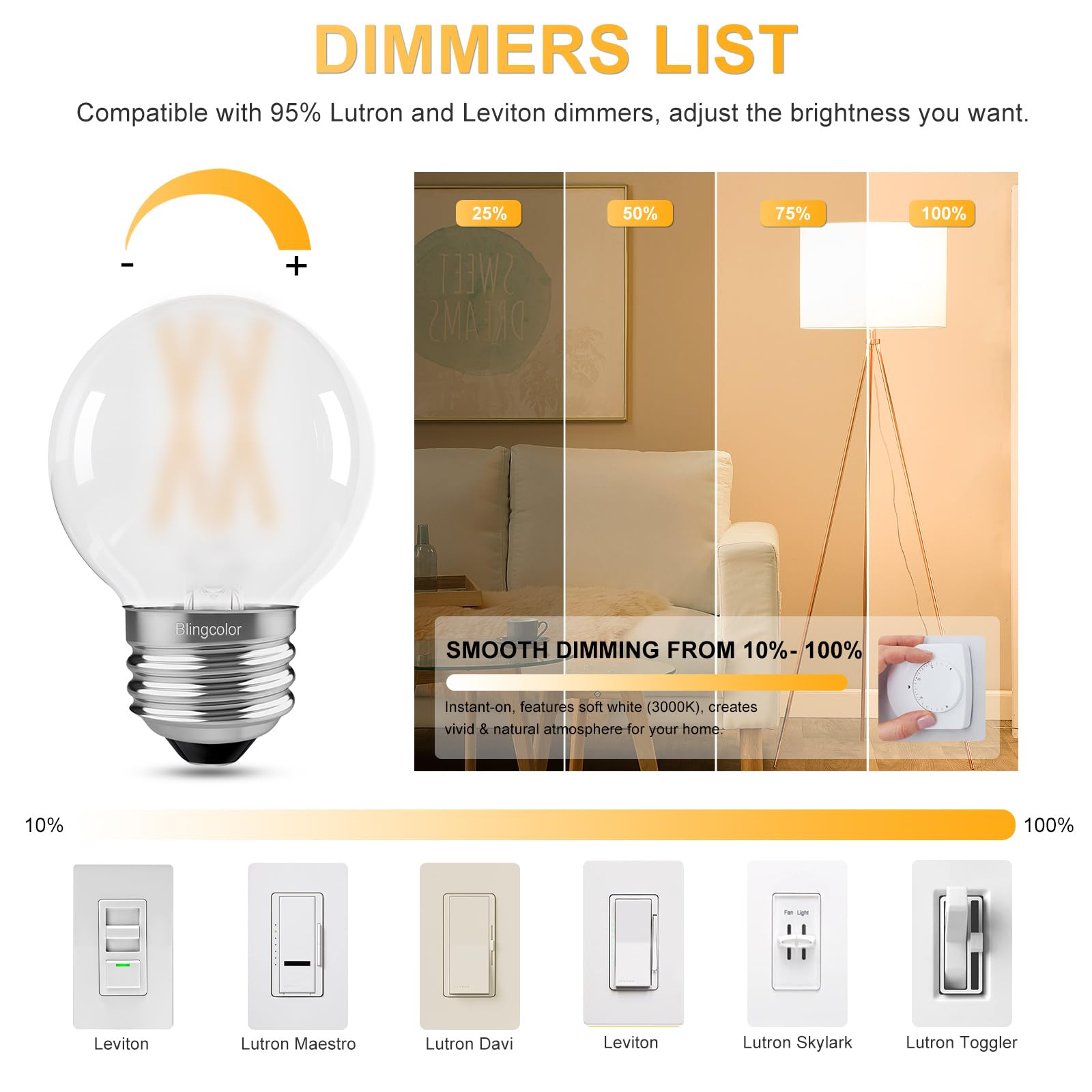 6 Pack G16.5 Frosted Led Bulbs, E26 Led Bulb 60 Watt Equivalent, 6W Dimmable G16 1/2 Led Edison Bulb 3000K Soft White, 6W E26 Le