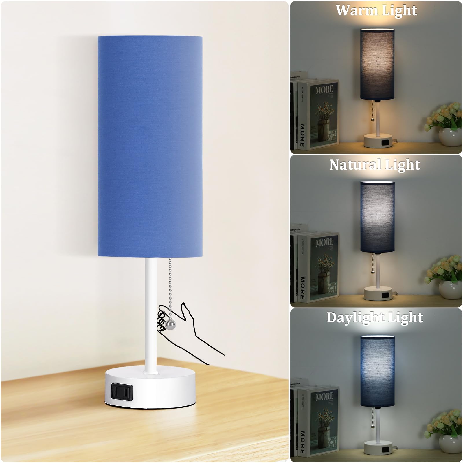 Dott Arts Table Lamp For Bedroom  3-Color Bedside Lamps With Pull Chain  Bedroom Table Lamps For Nightstand Ac Outlet Small Lamp For Living Room  Bulb Included Blue