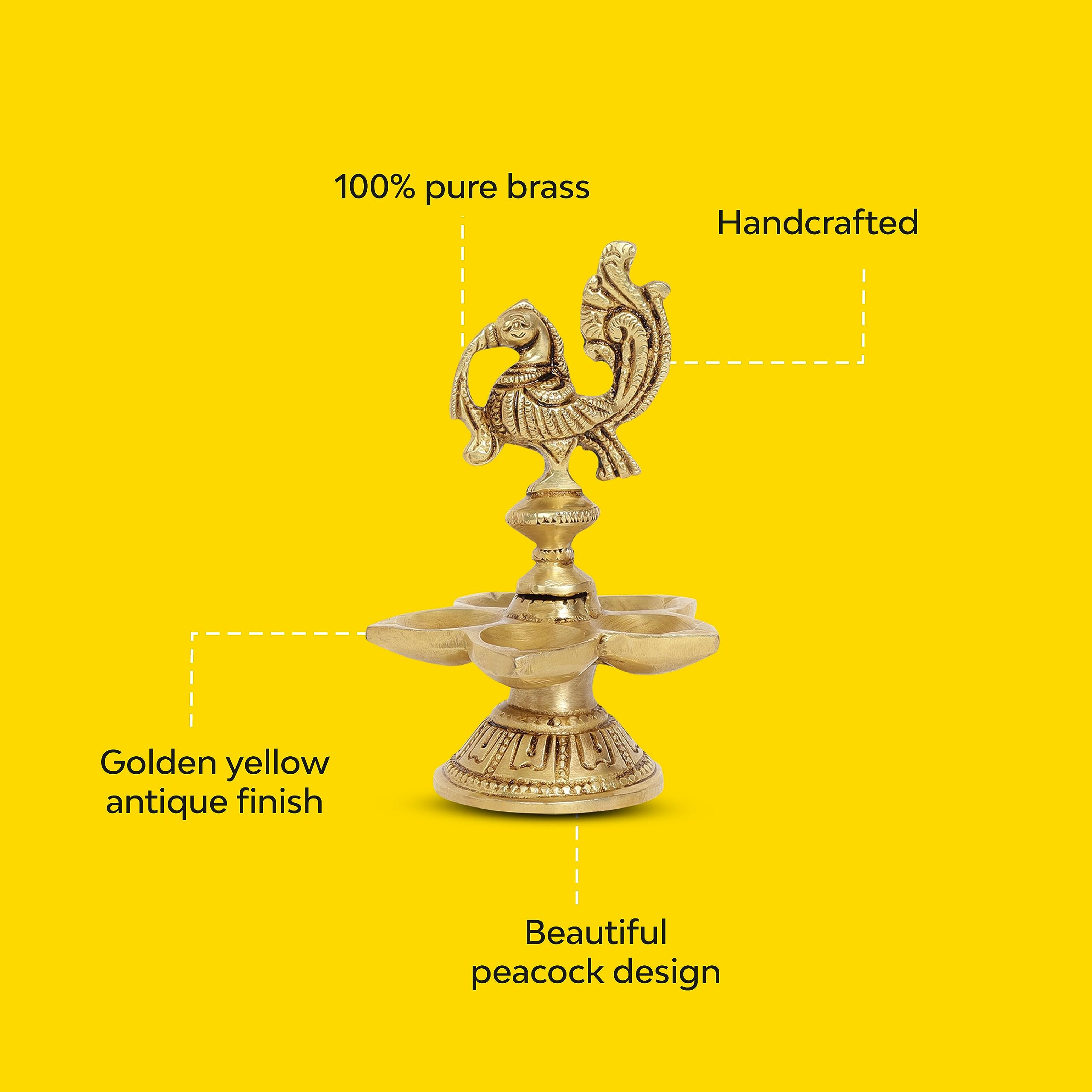 10Club Peacock Design Brass Diya (8L X 8.4W X 13.8H cm, 700 gm) | Diyas for Home Decoration | 100% Pure brass | Lamp Diya, Puja