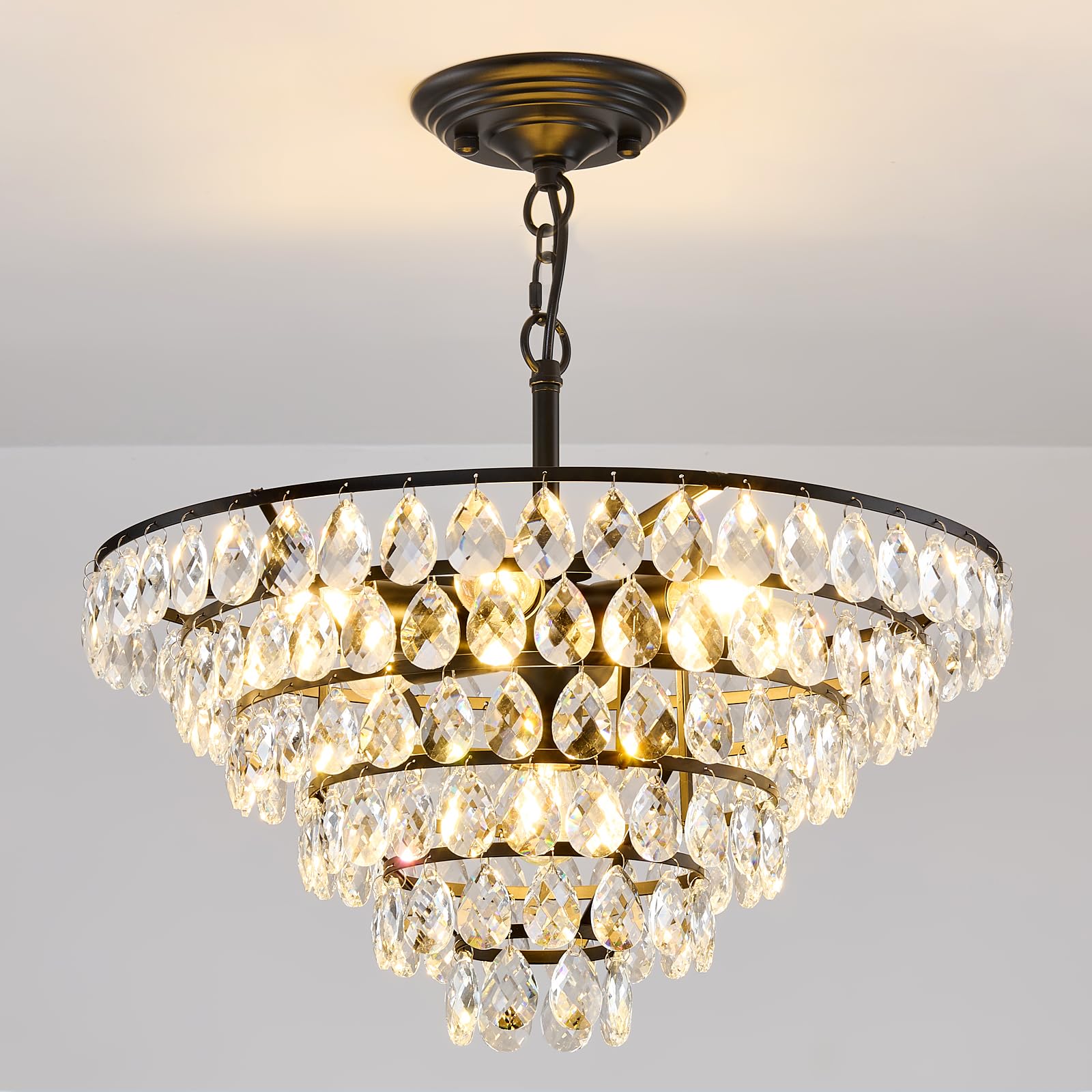 Yyjlx Modern Crystal Chandelier 7 Light 20'' Raindrop Black Ceiling Chandelier Adjustable Hanging Light Fixture For Dining Room 