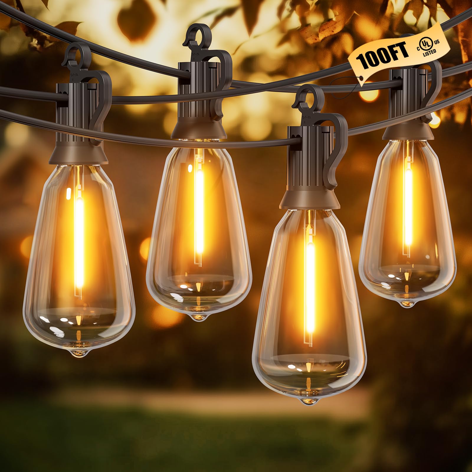 Brightown Outdoor String Lights, 100FT Shatterproof Dimmable LED, Waterproof, Black, Model GYPC-O30LAU