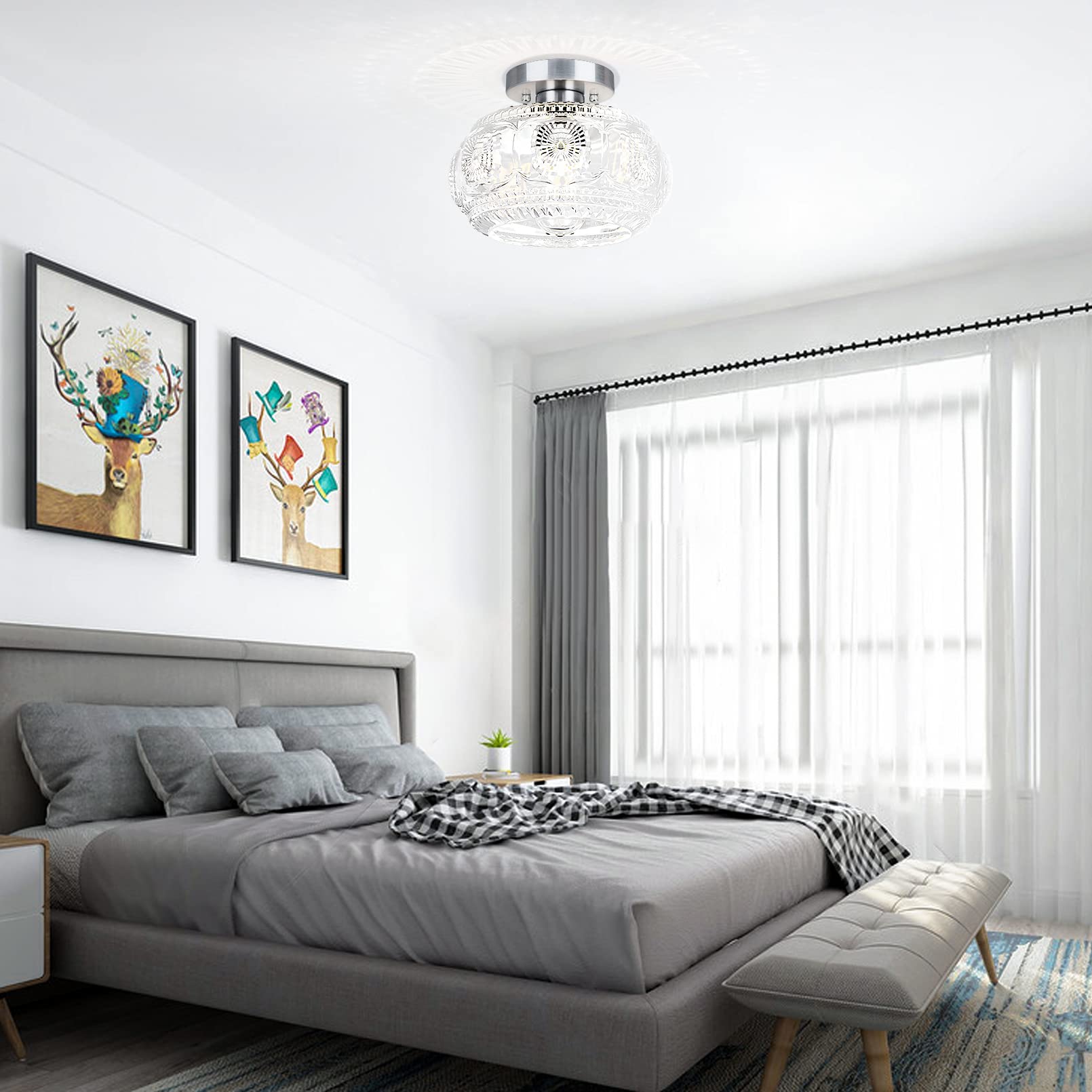 Oykyohei Brushed Nickel Semi Flush Mount Ceiling Light, Glass Shade Modern Ceiling Light Fixture, Lighting For Hallway Bedroom E