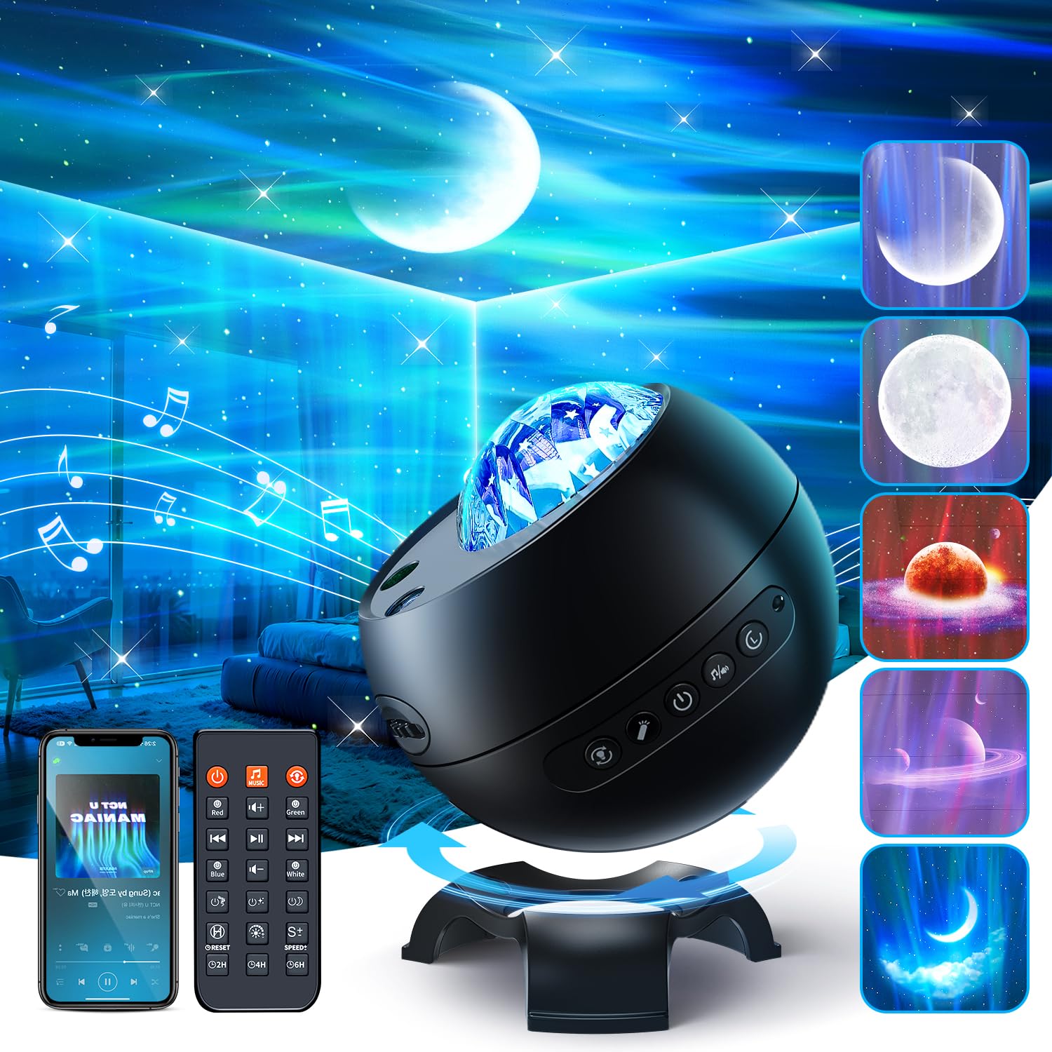 COOLNIGHT Galaxy Projector for Bedroom, 180 Light Modes Moon Star Aora Night Light, 15 White Noise+Bluetooth Galaxy Light, Remot